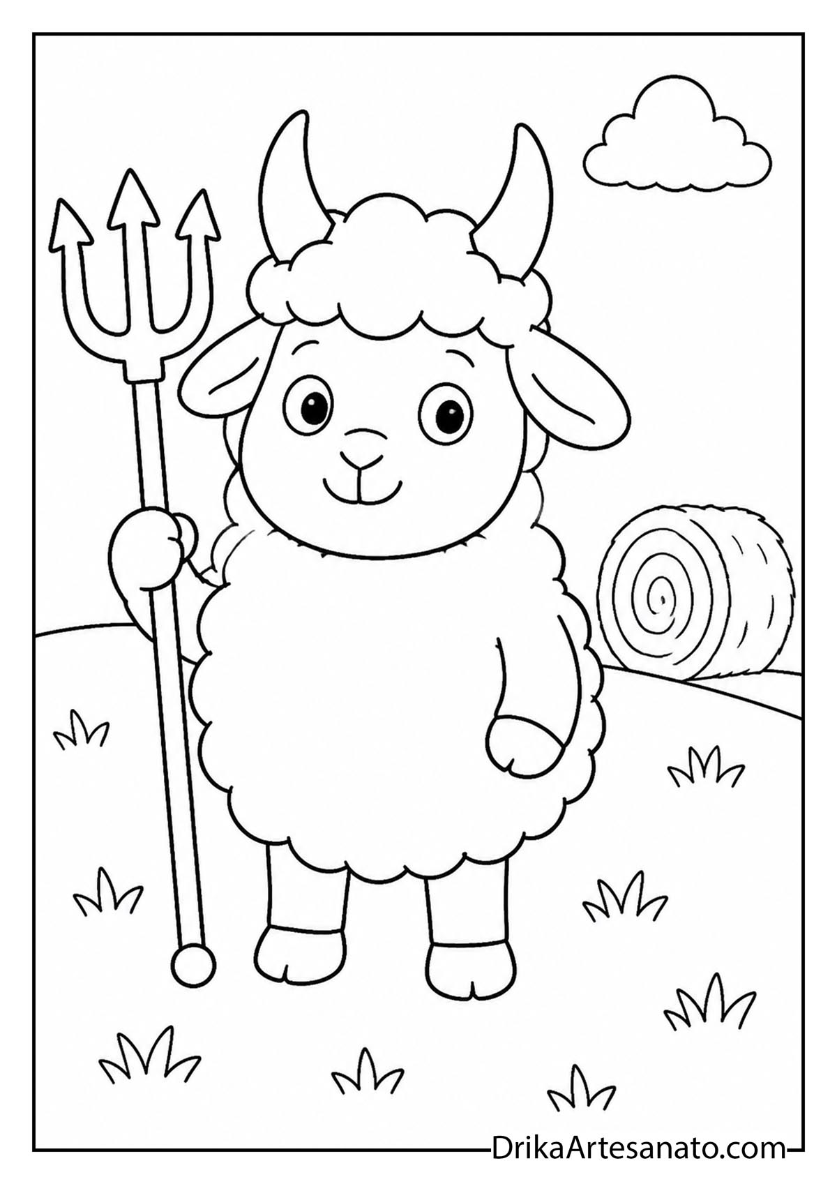 Cute fluffy sheep dressed with devil horns holding a pitchfork coloring page