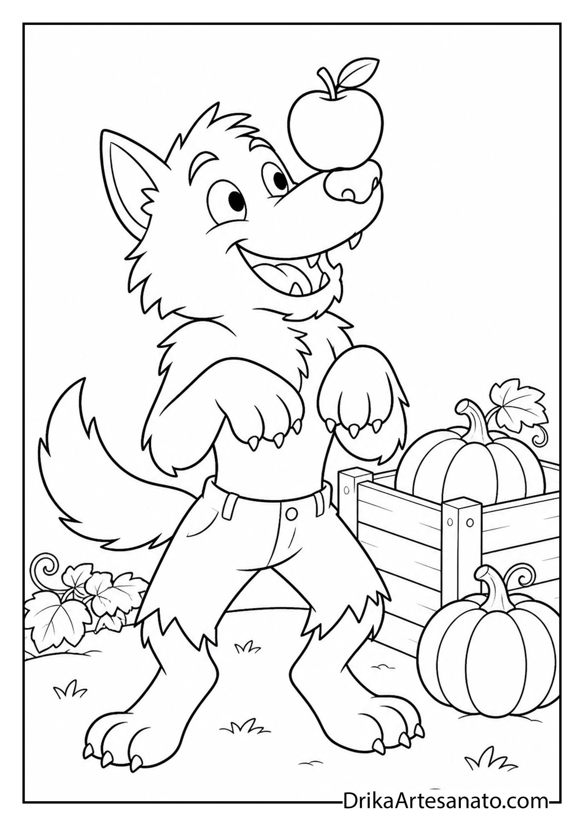 Werewolf balancing an apple on its nose near pumpkin crates to color
