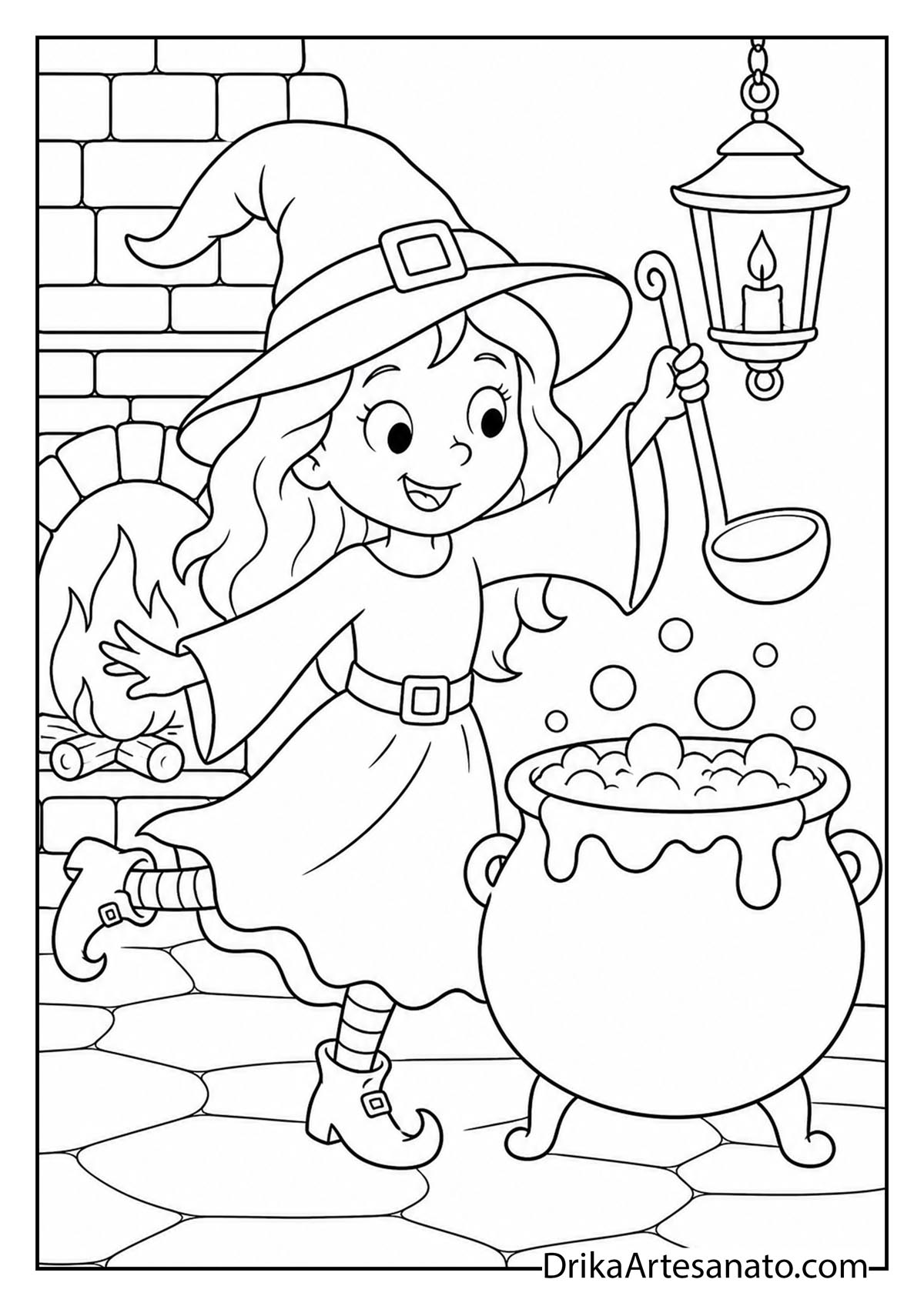 Happy witch holding a ladle by a boiling cauldron and lantern coloring sheet