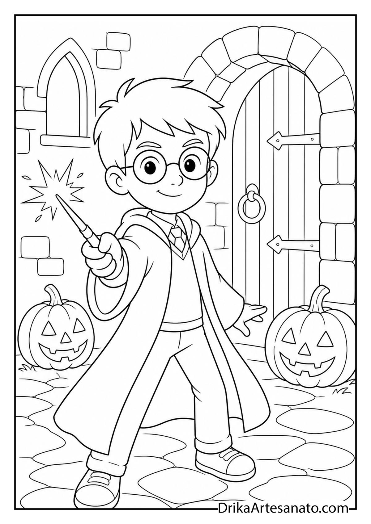Young wizard boy casting a spell near castle door and carved pumpkins to color