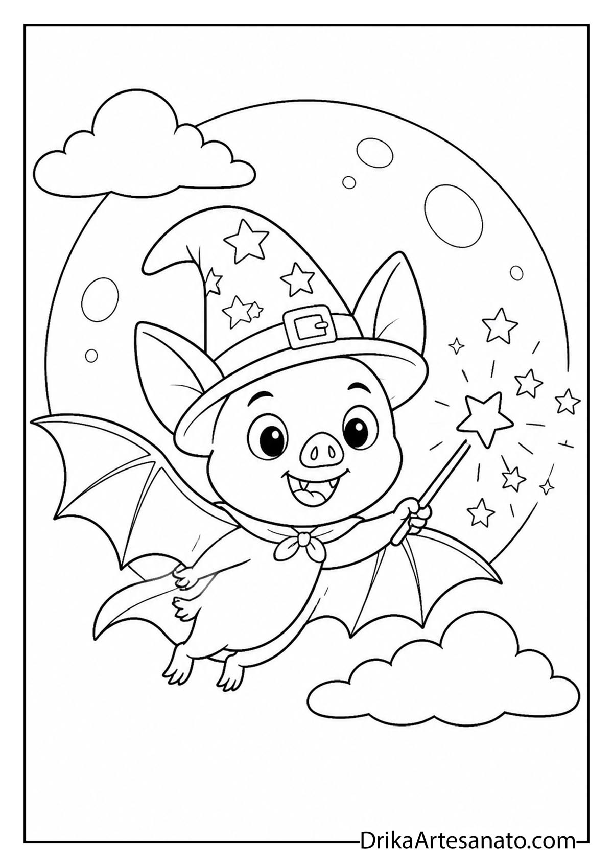 Cartoon wizard bat waving a magic star wand at night coloring page