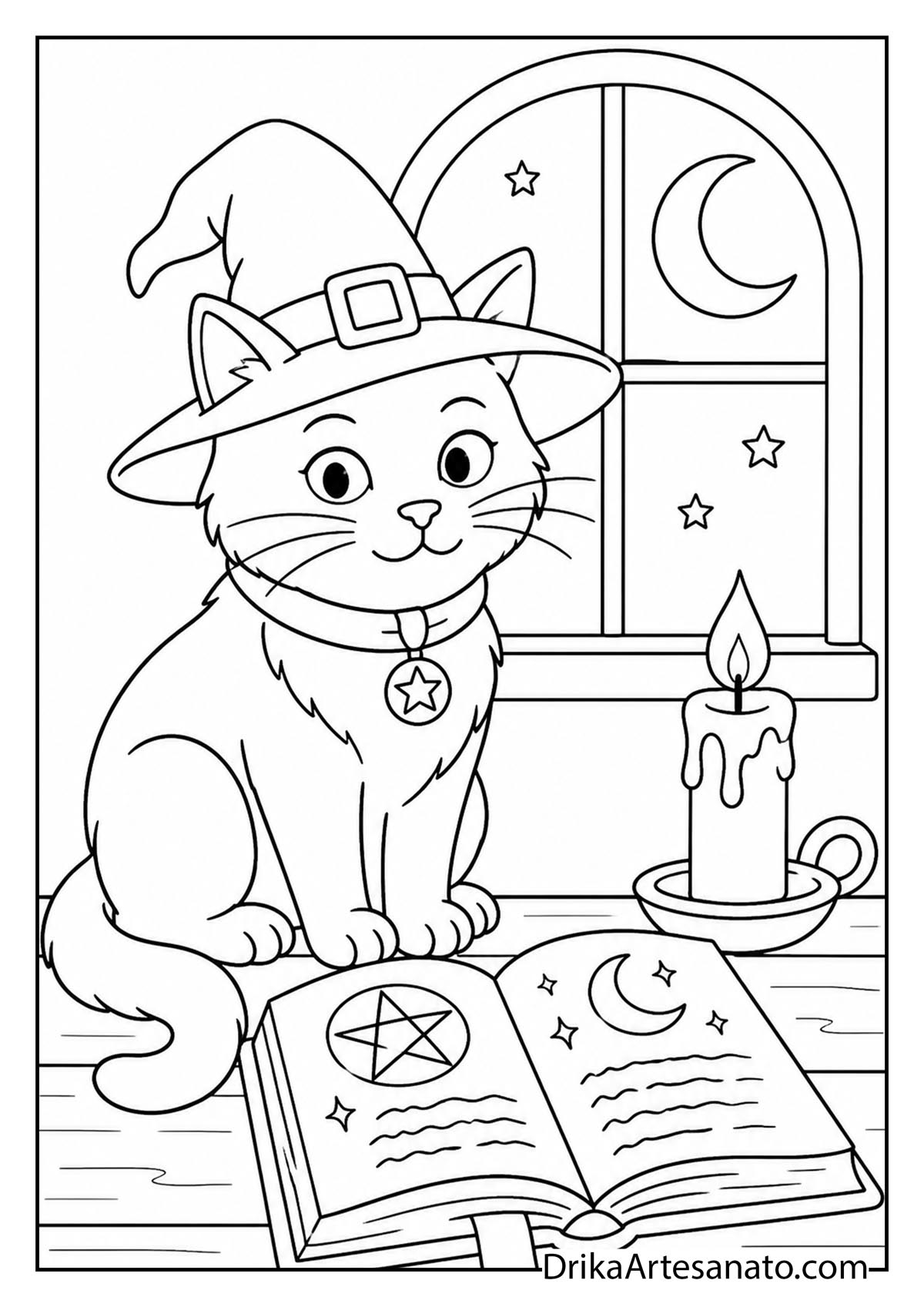 Cat in witch hat sitting by an open spellbook and candle near a window coloring sheet