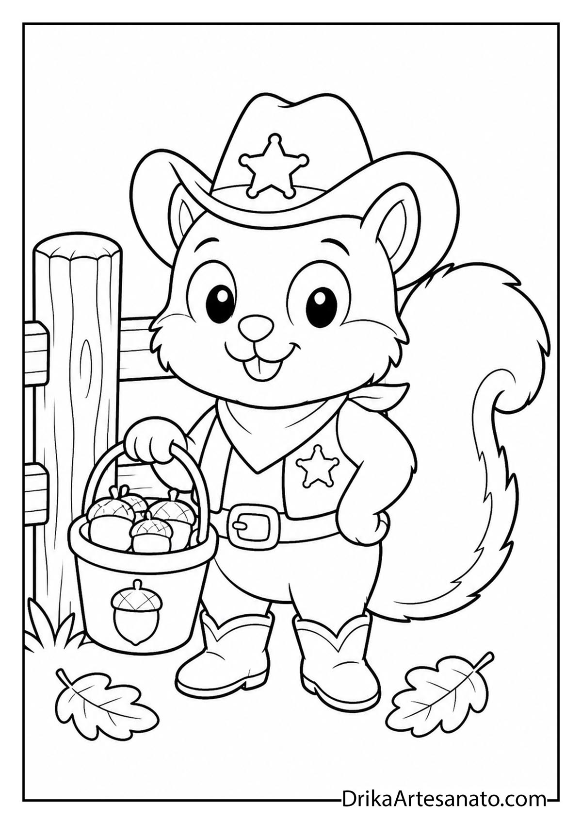 Cute squirrel wearing a cowboy hat and boots holding acorns coloring sheet