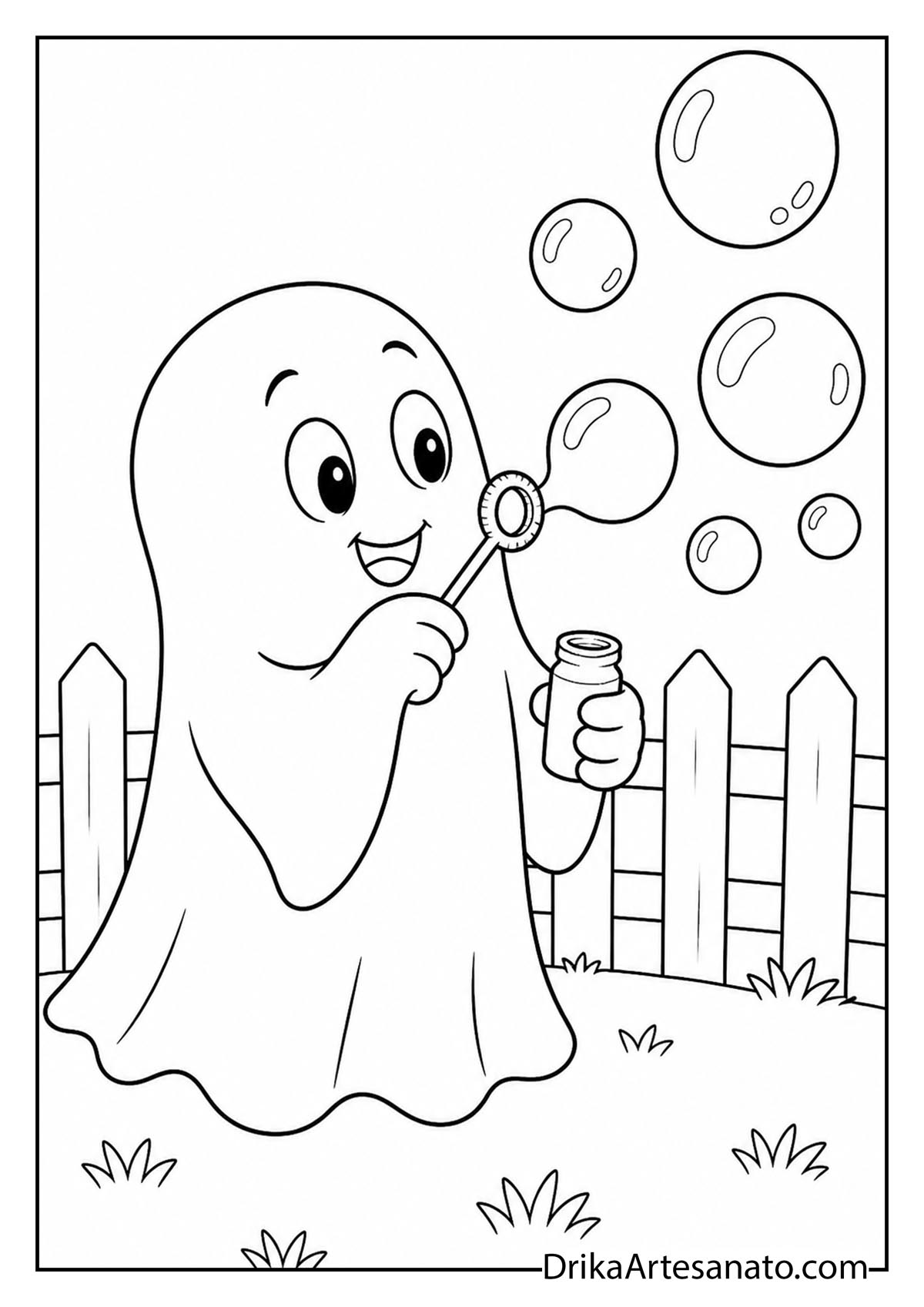 Cheerful cartoon ghost blowing round soap bubbles outdoors coloring page