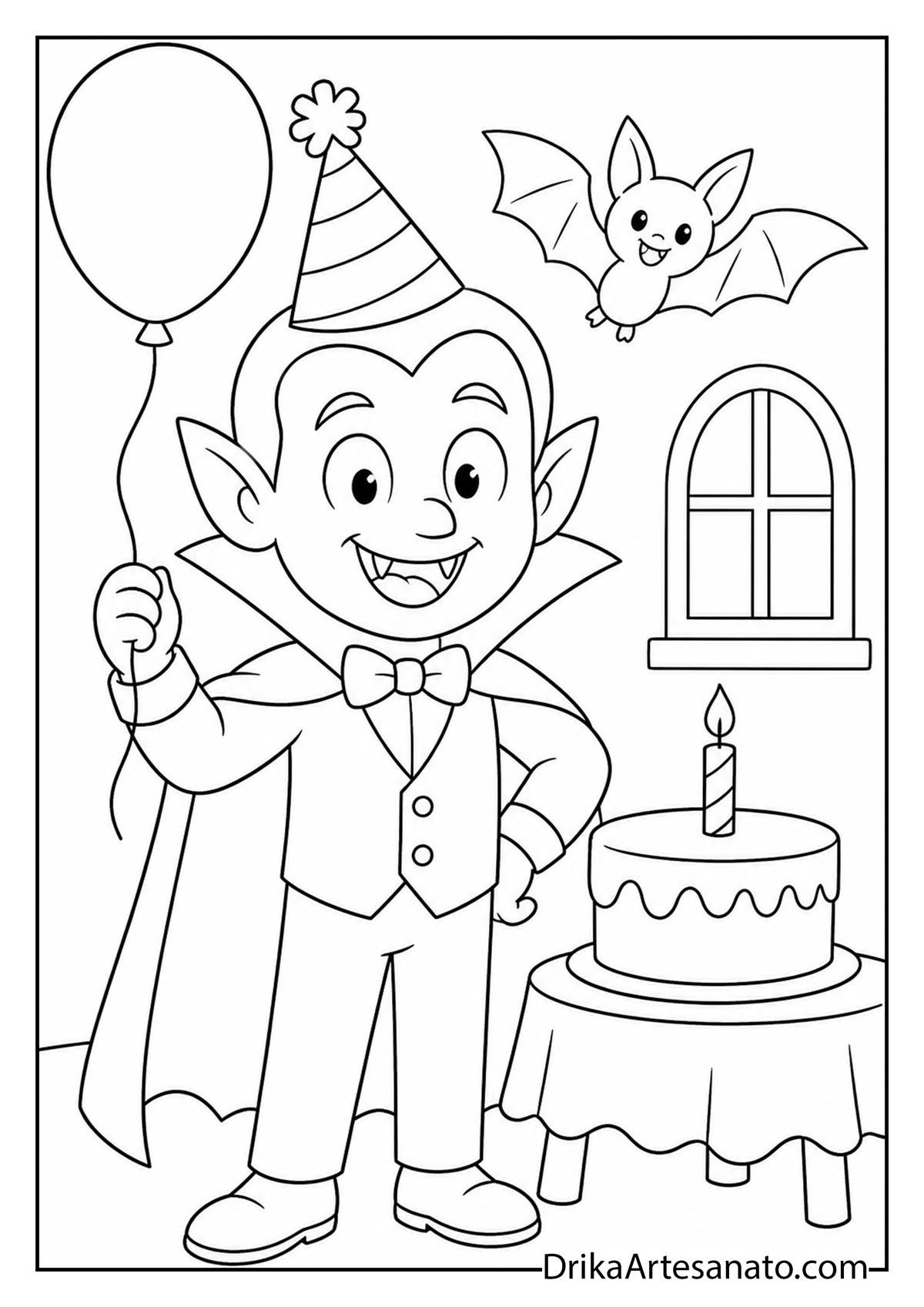 Cute cartoon vampire boy in a party hat holding a balloon near a birthday cake coloring sheet