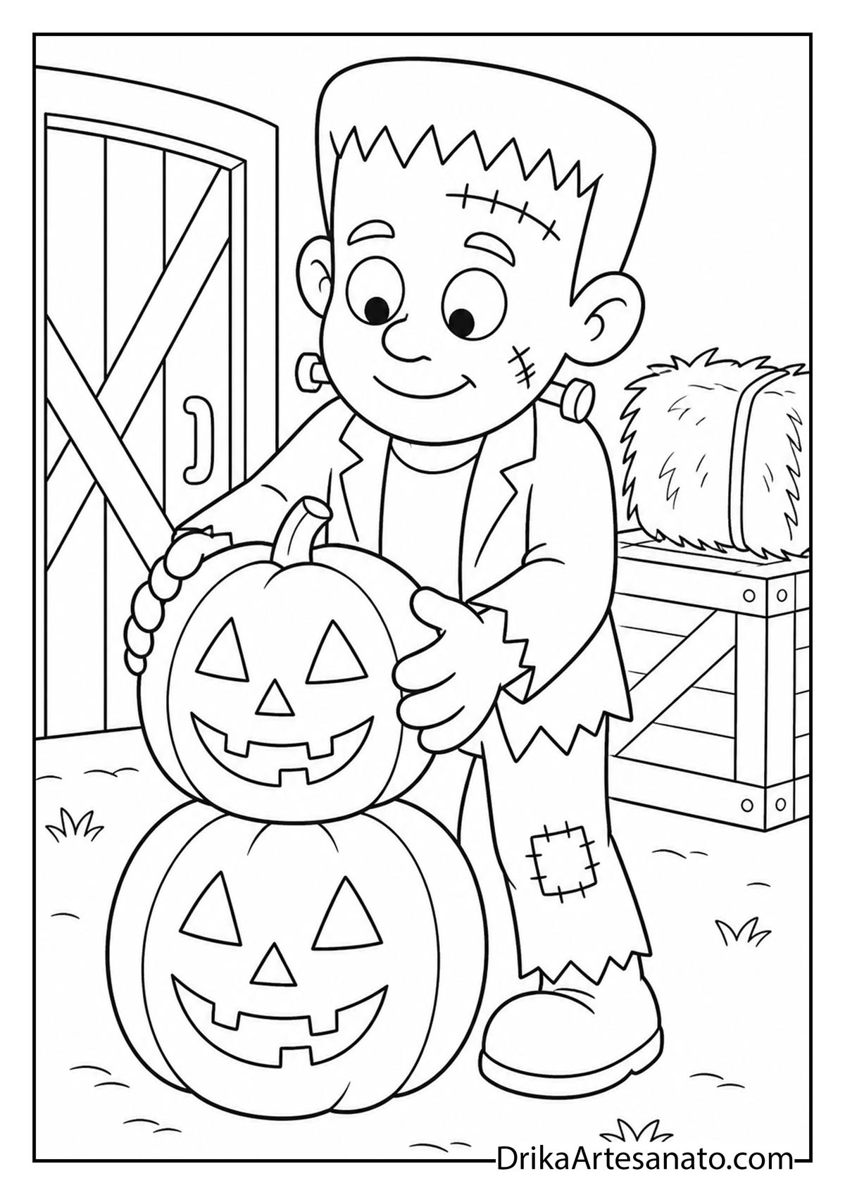Frankenstein monster stacking jack-o'-lantern pumpkins outside coloring page