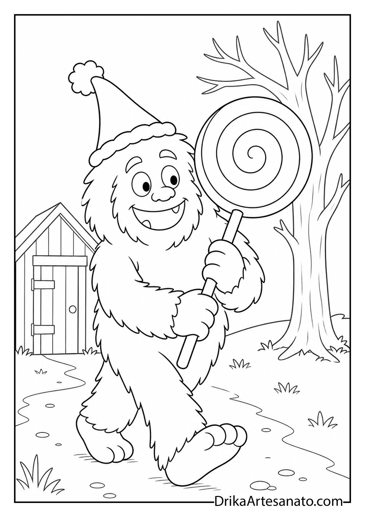 Friendly furry monster wearing a winter hat and carrying a huge lollipop to color
