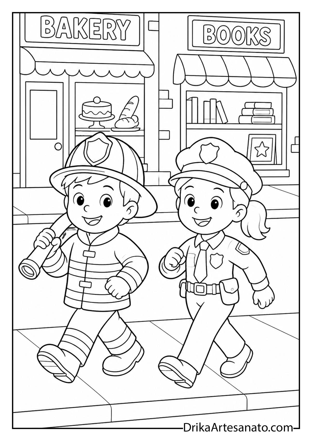 Boy and girl dressed as firefighter and police officer coloring printable
