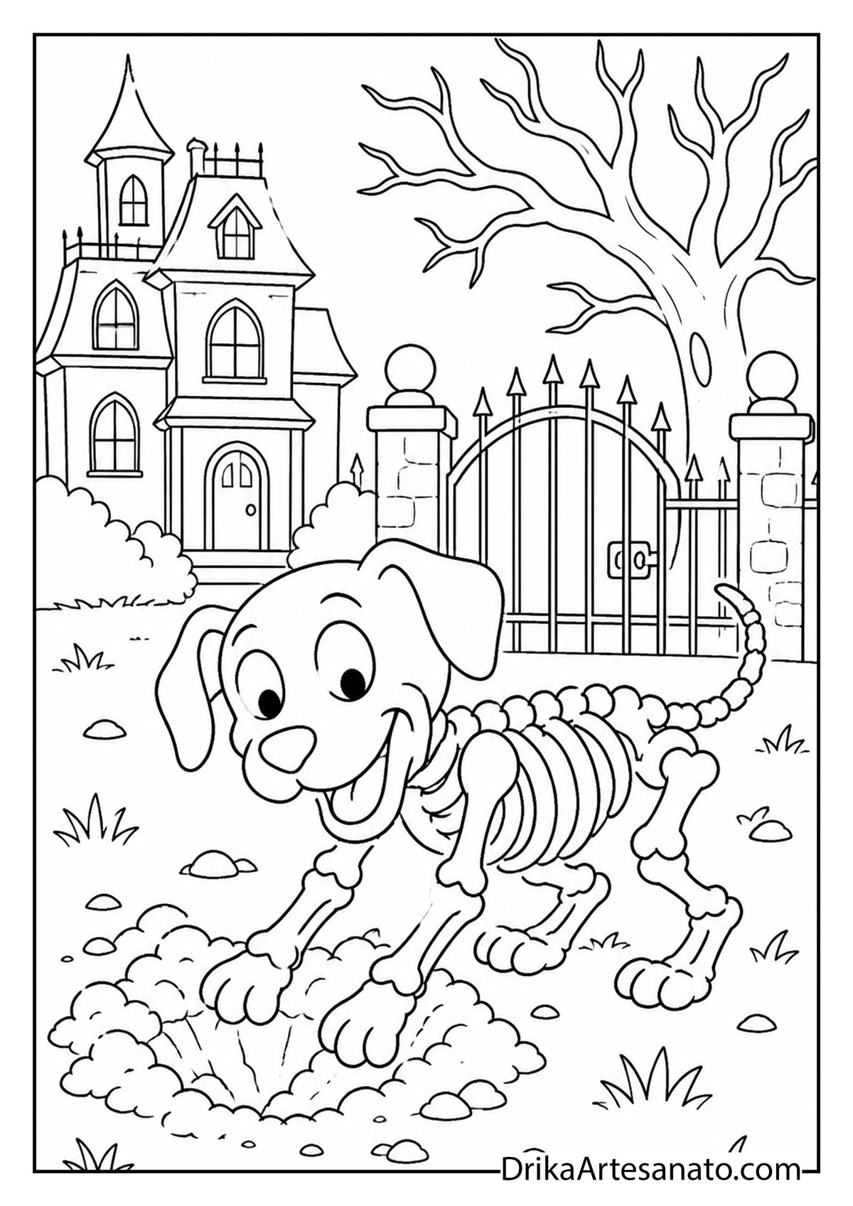 Playful skeleton dog digging in the yard by a haunted house coloring page