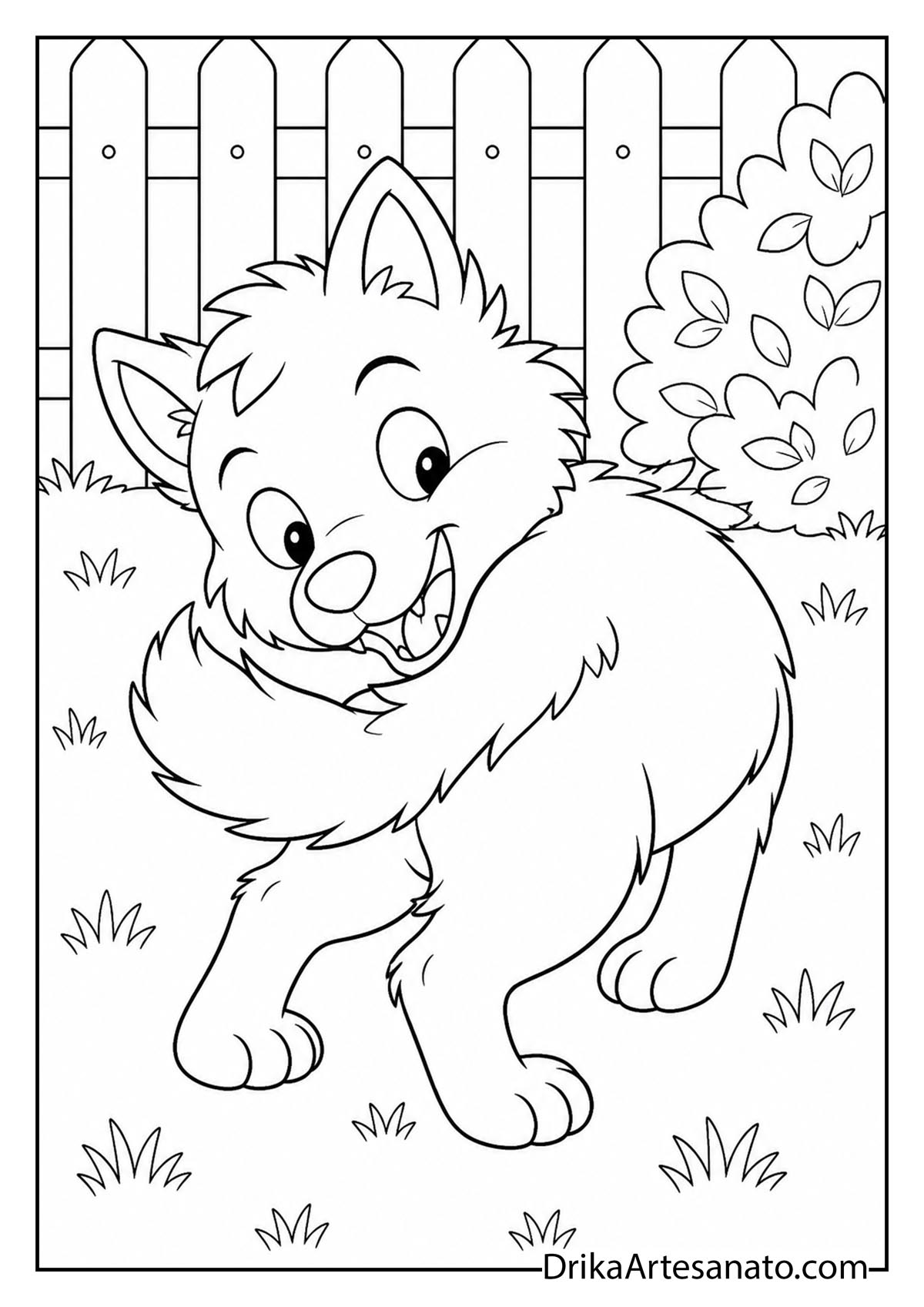 Playful werewolf puppy chasing its tail in the grass coloring page