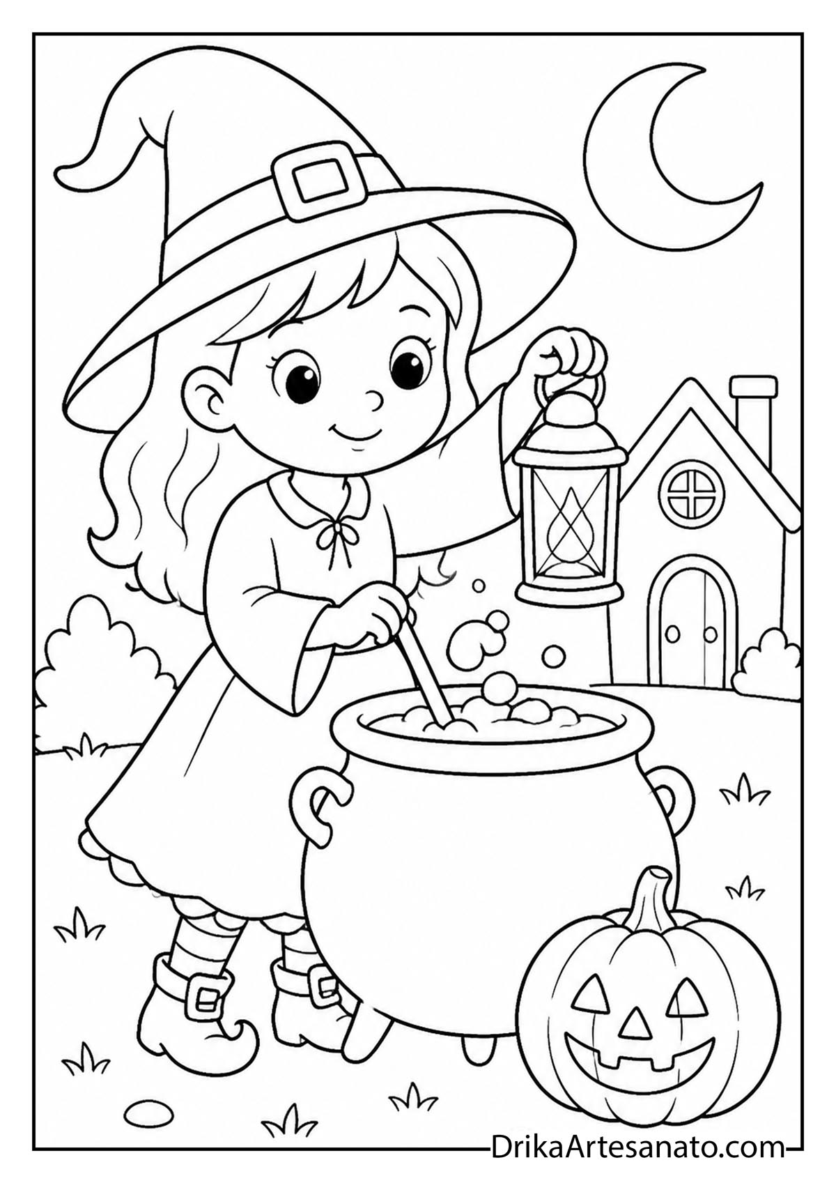 Cute witch holding a lantern and stirring a pot outdoors at night to color