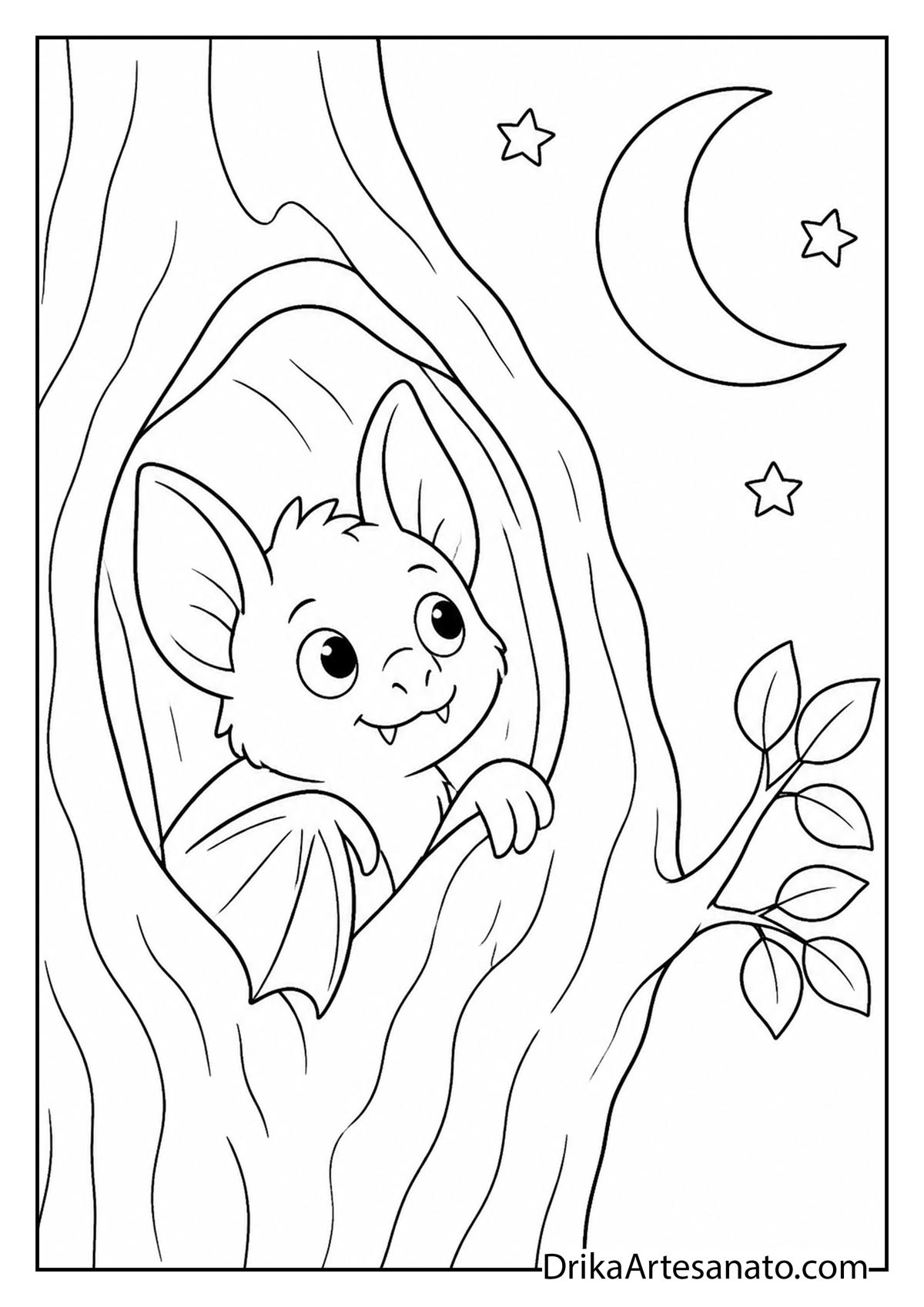 Sweet bat peeking out from inside a tree trunk hollow coloring sheet