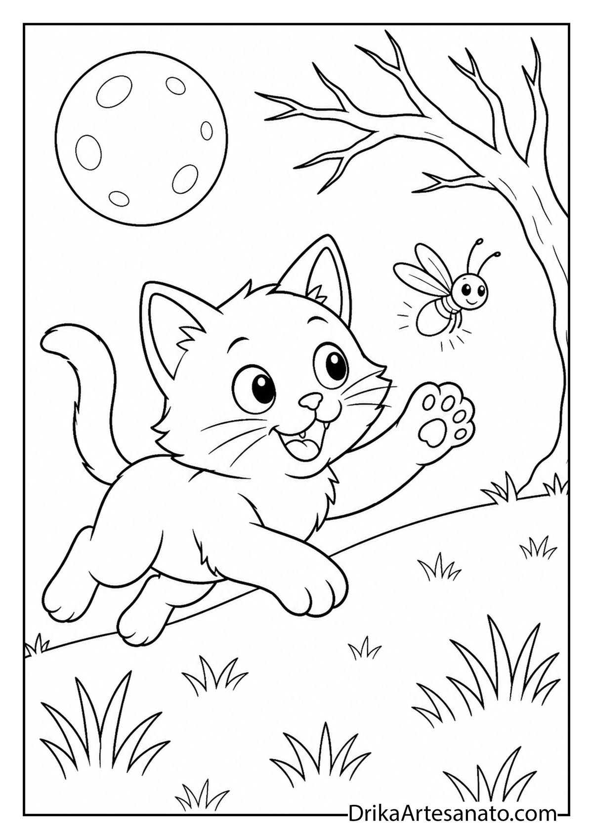 Playful kitten leaping after a flying firefly under a full moon night coloring page