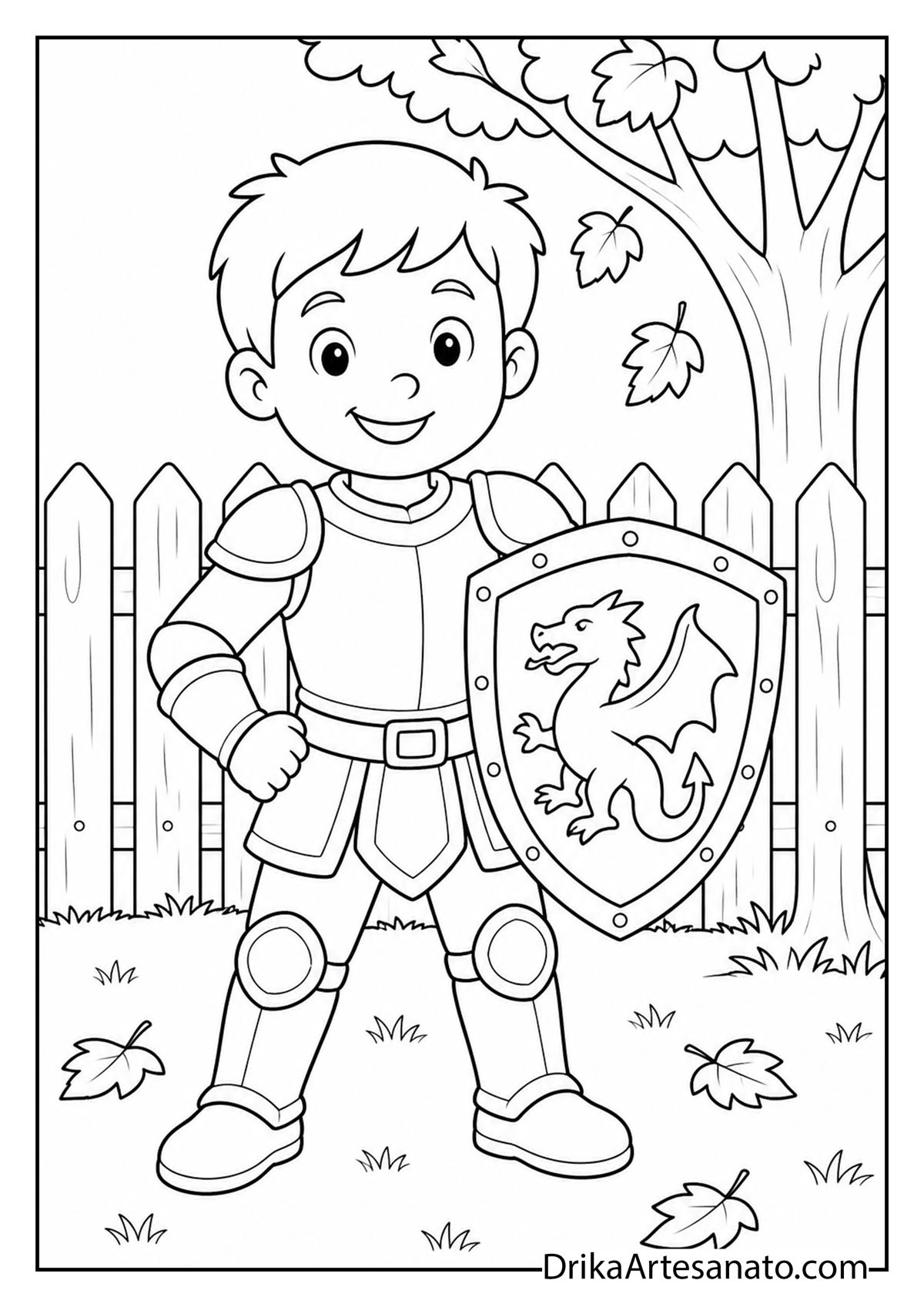 Boy in knight armor holding shield with dragon emblem coloring page