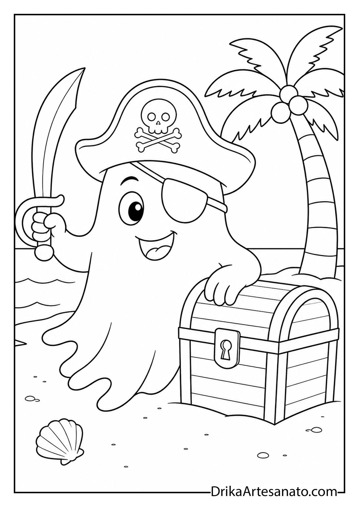 Pirate ghost wearing an eyepatch and hat by a treasure chest on the beach coloring sheet
