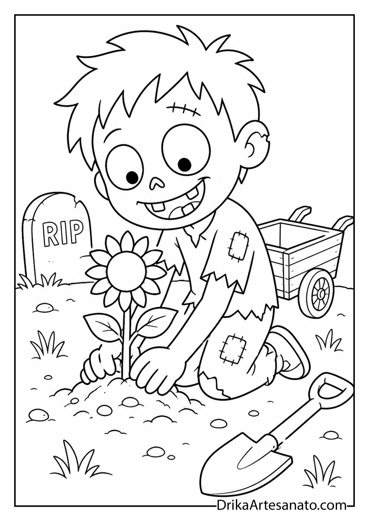 Cute zombie boy planting a sunflower in a garden line art printable coloring page