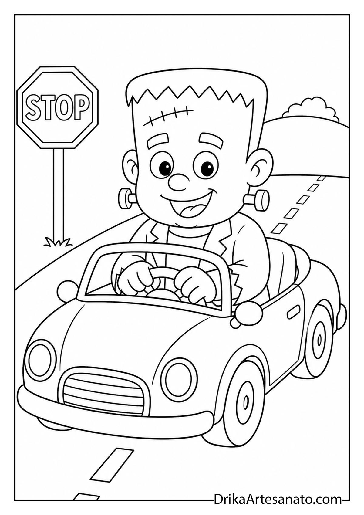 Cartoon Frankenstein driving a small convertible car line art coloring sheet
