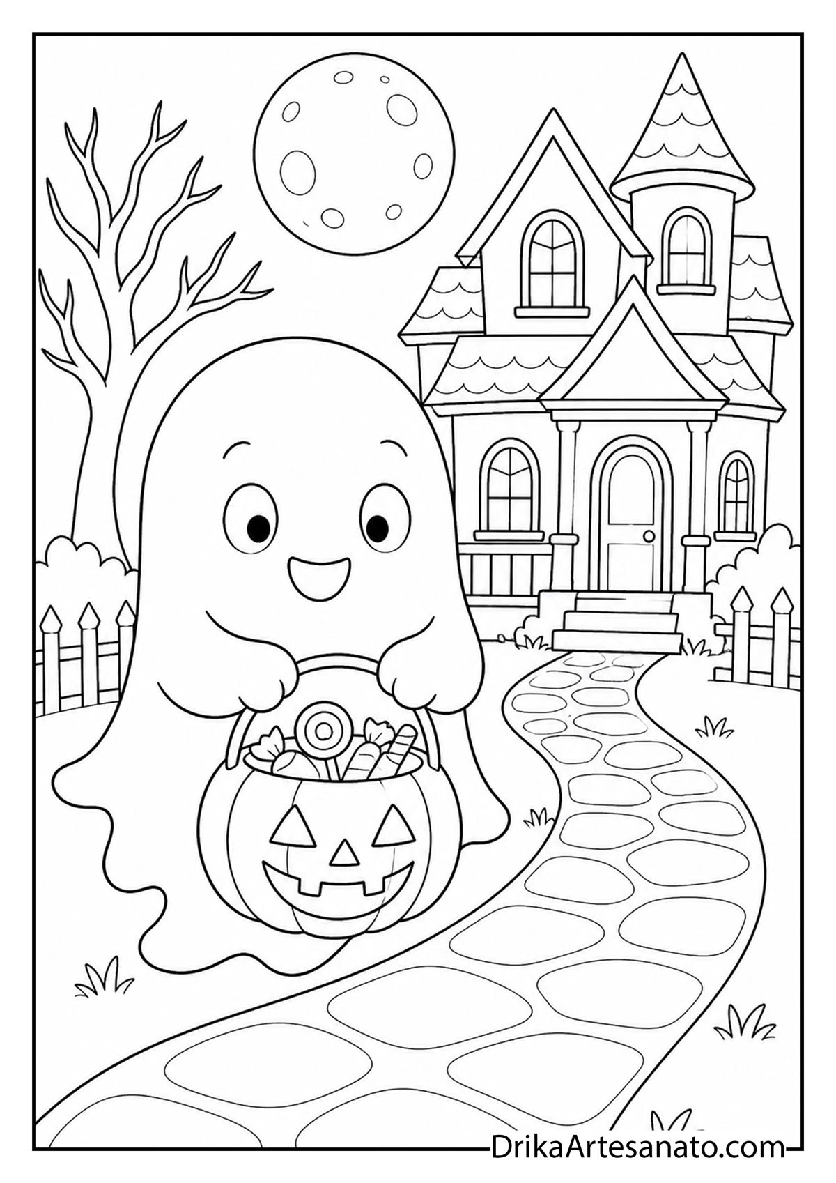 Cute ghost holding a pumpkin candy bucket near a haunted house coloring sheet