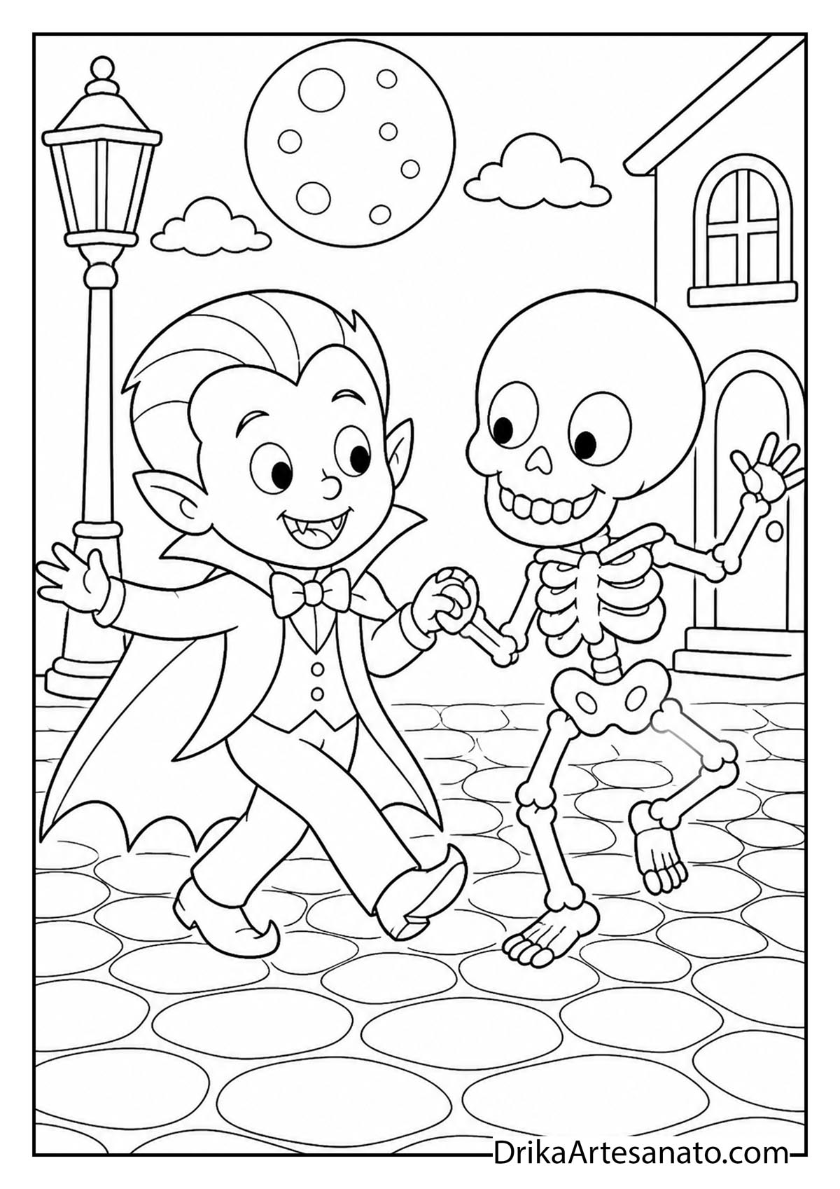 Cute cartoon vampire boy dancing hand-in-hand with a friendly skeleton outdoors coloring page