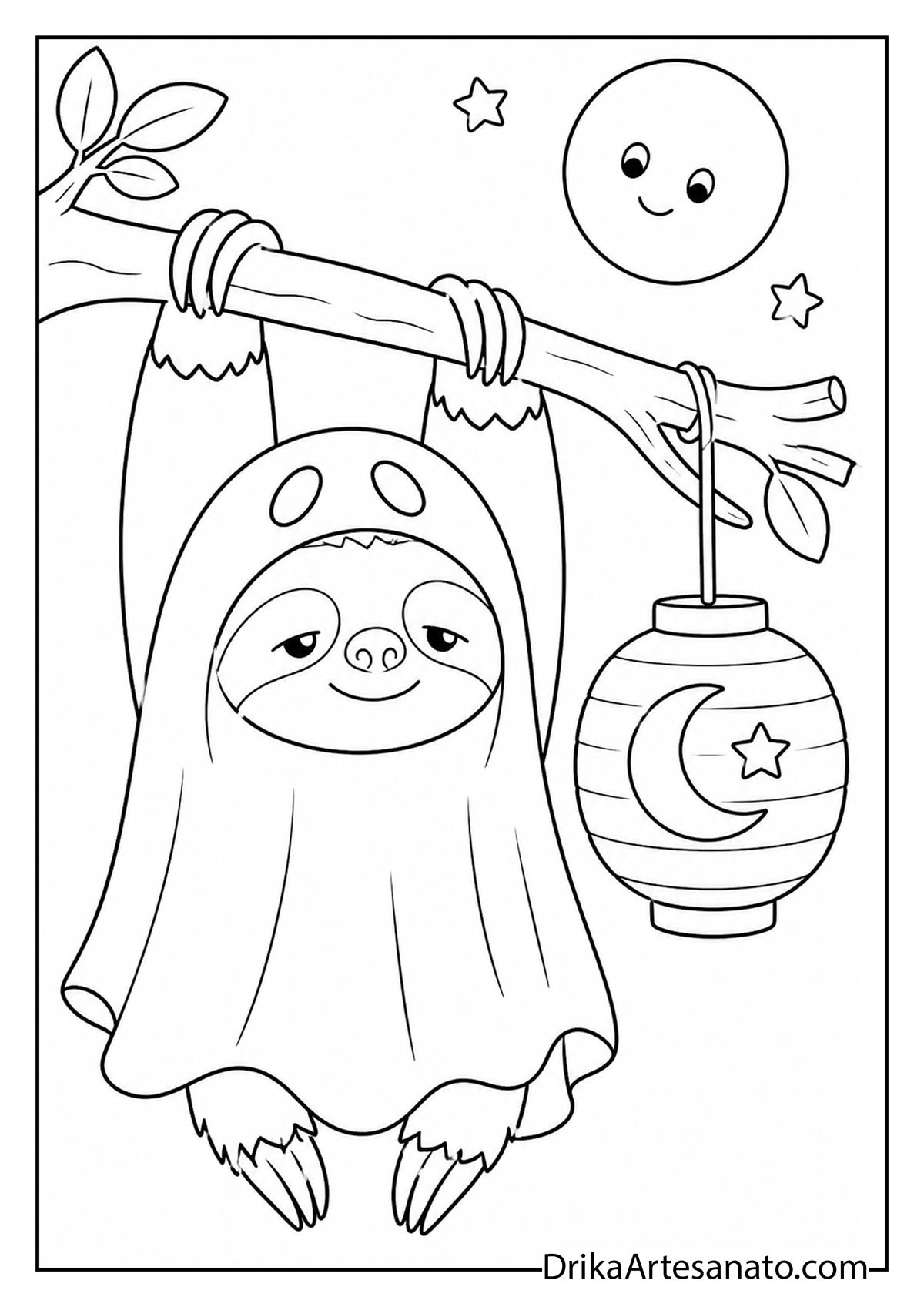 Cute sloth in a ghost costume hanging from a branch with lantern coloring page