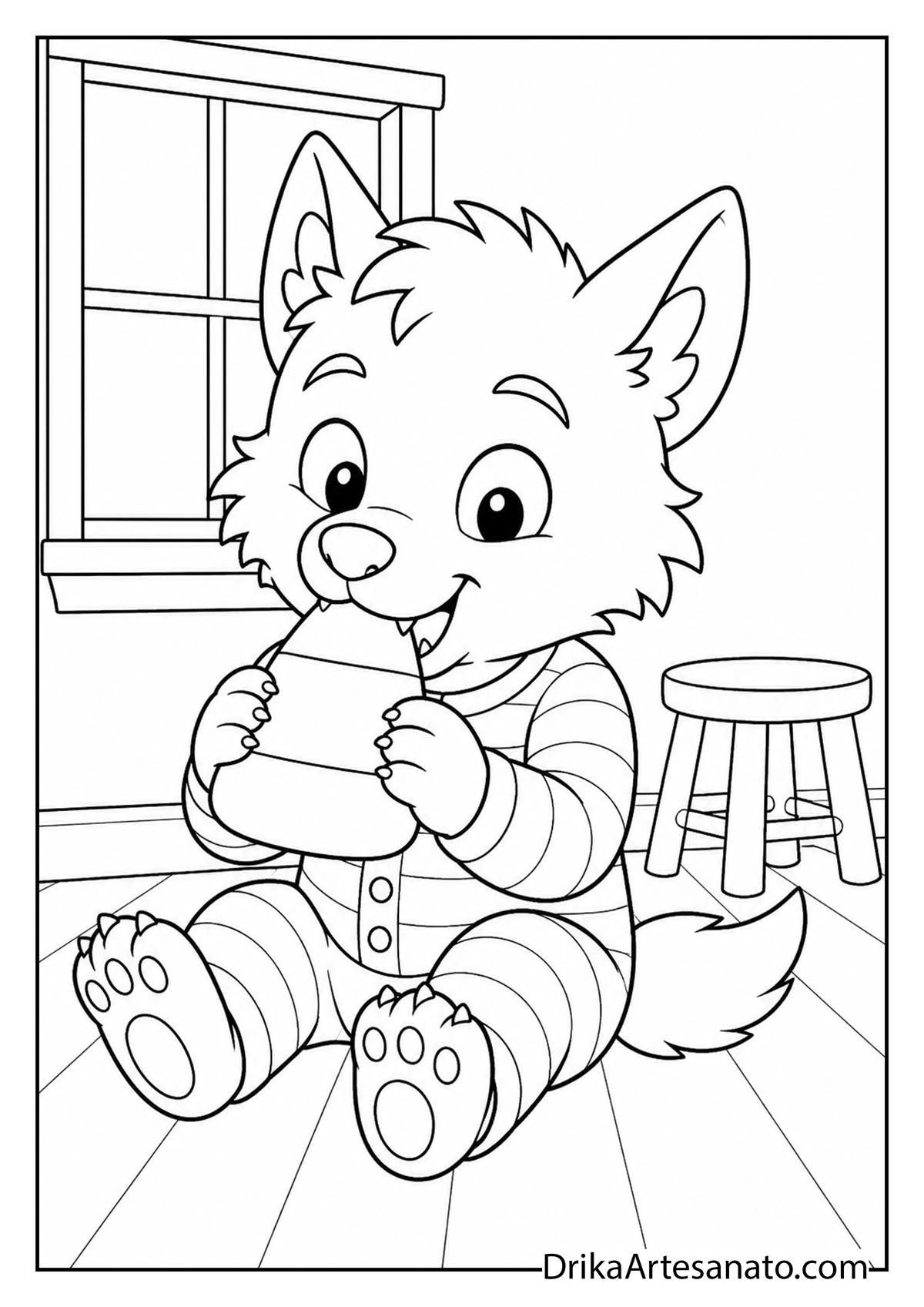 Baby werewolf pup in striped pajamas eating candy corn coloring page