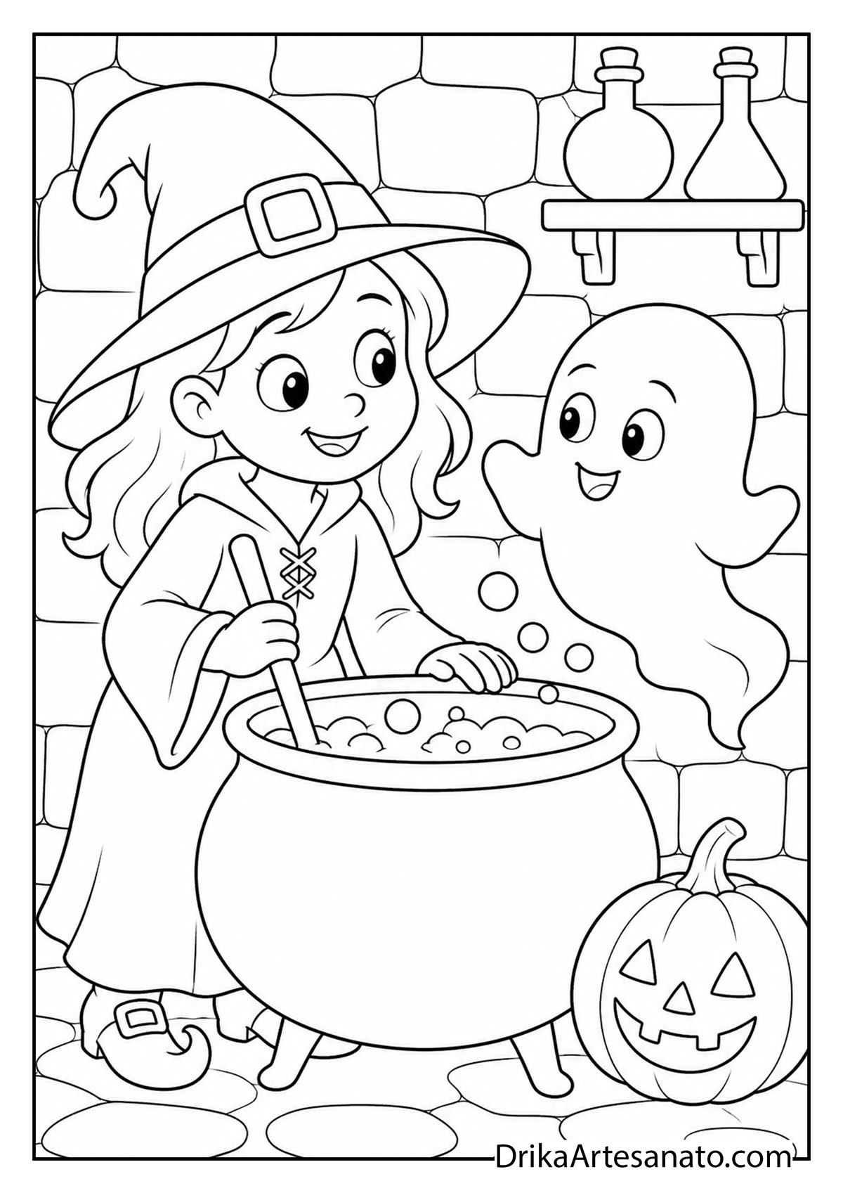 Friendly witch and smiling ghost beside a bubbling cauldron coloring printable