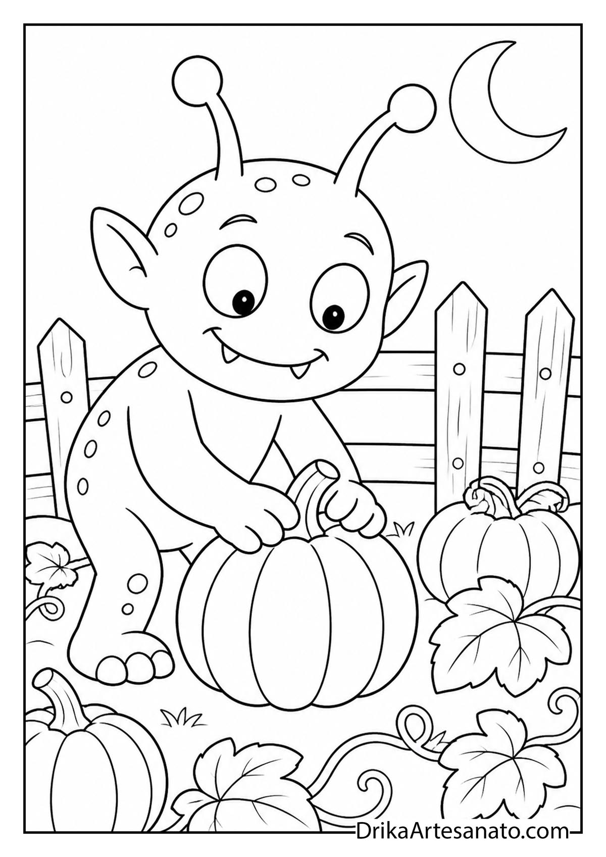 Cute alien monster picking a pumpkin in a garden under the moon coloring sheet