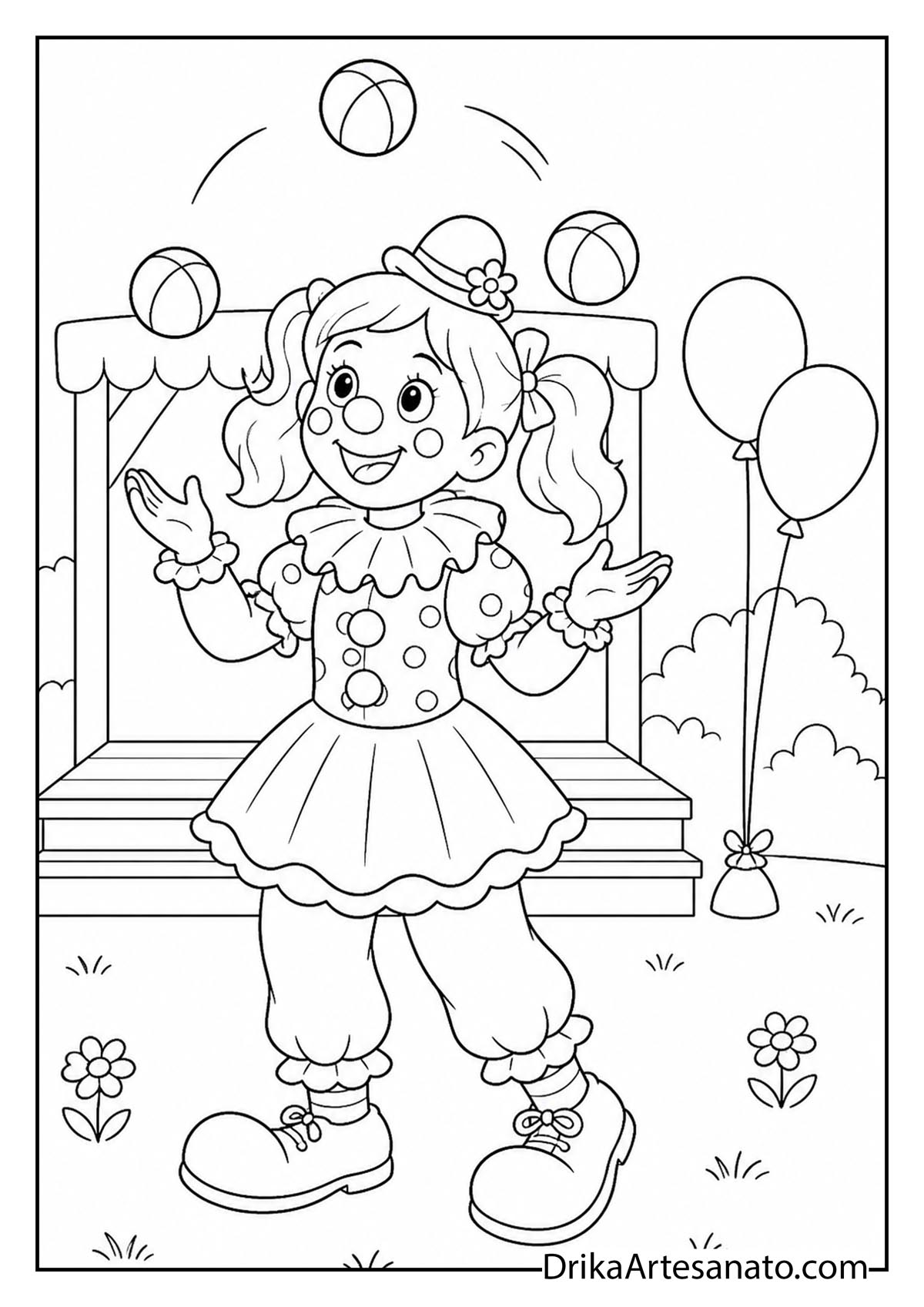 Cheerful girl clown juggling balls beside festive balloons coloring sheet