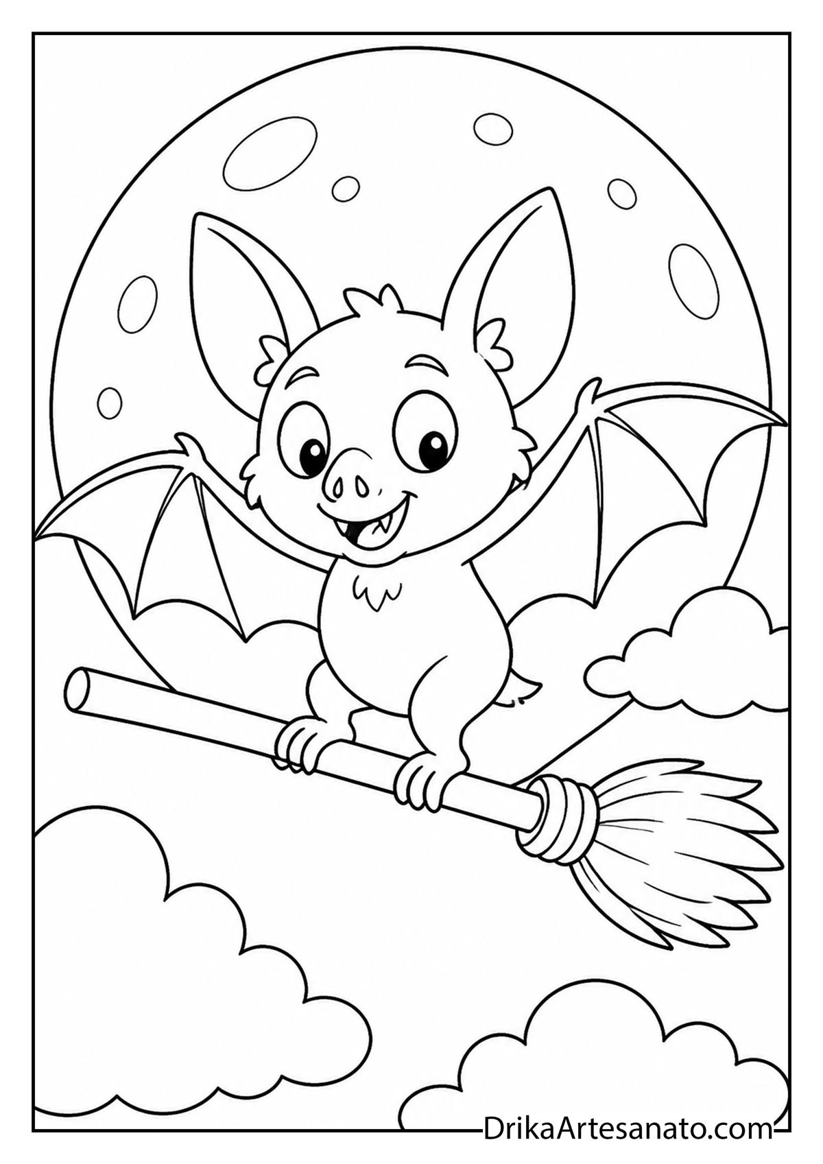 Playful bat riding a magic broomstick across the night sky coloring page