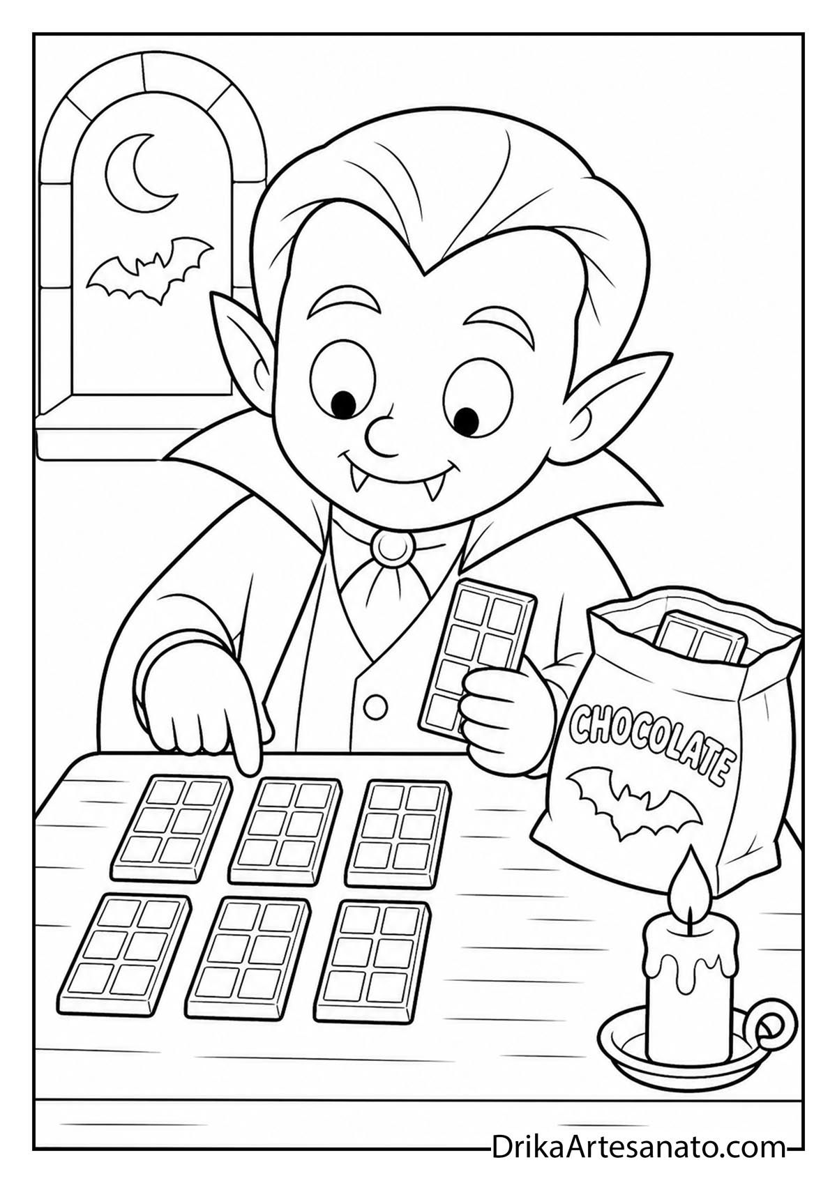 Cute cartoon vampire boy counting chocolate candy bars at a wooden table line art coloring page