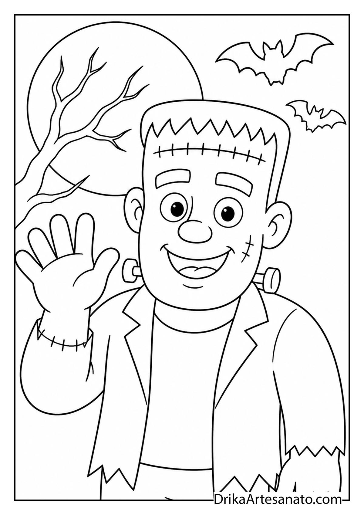Friendly Frankenstein monster waving hello with bats line art coloring sheet