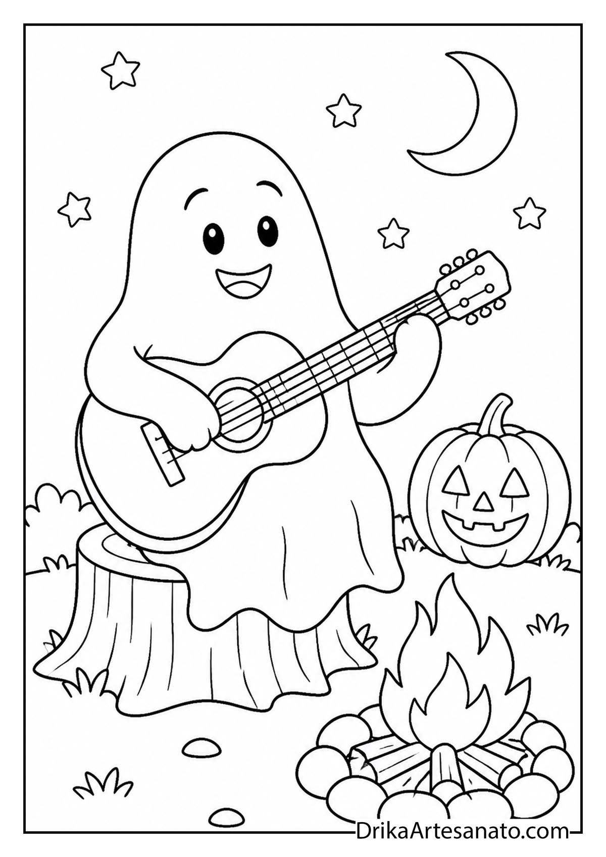 Ghost playing an acoustic guitar by a glowing campfire and pumpkin coloring page