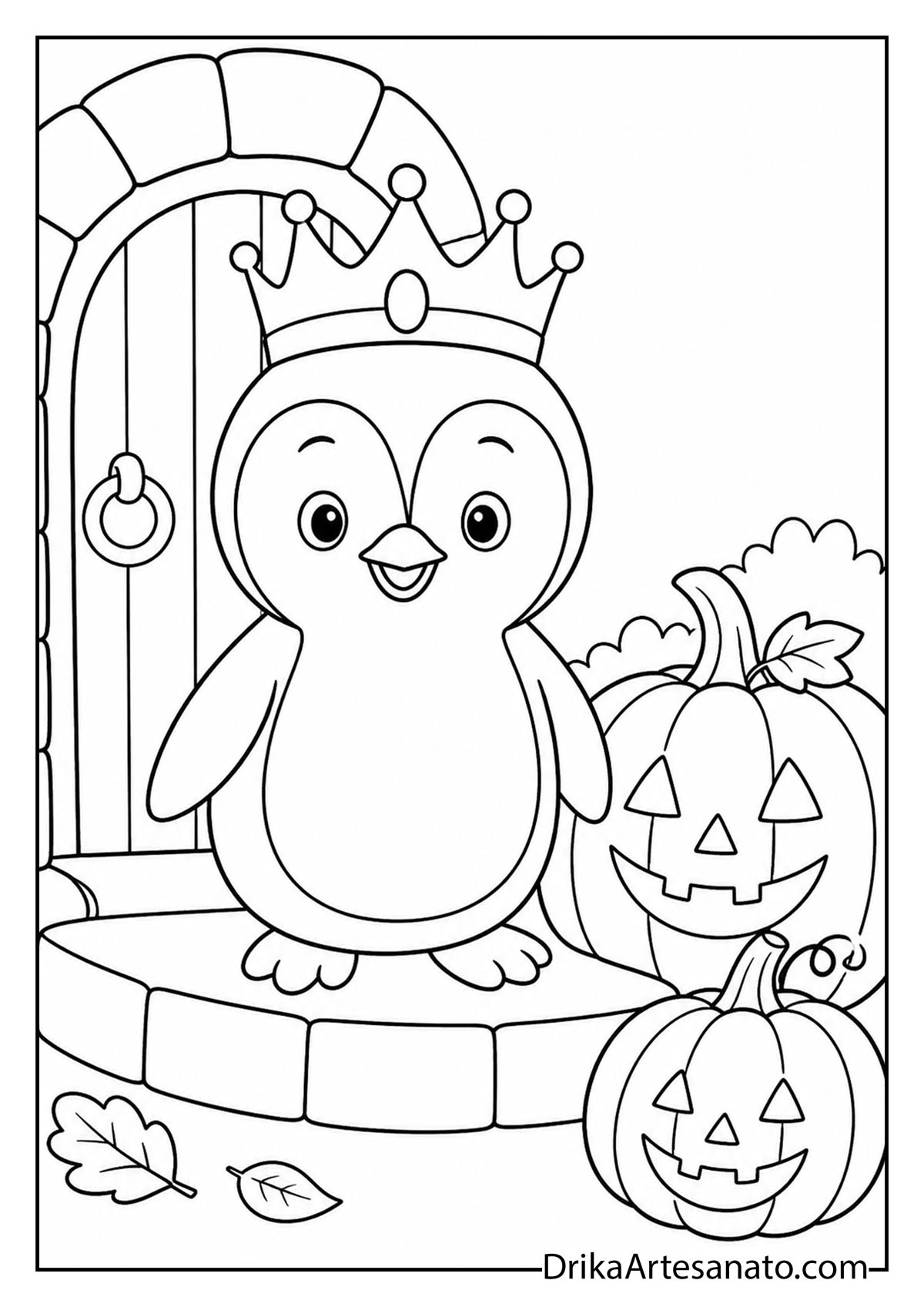 Cute penguin wearing a royal crown beside pumpkins printable coloring page