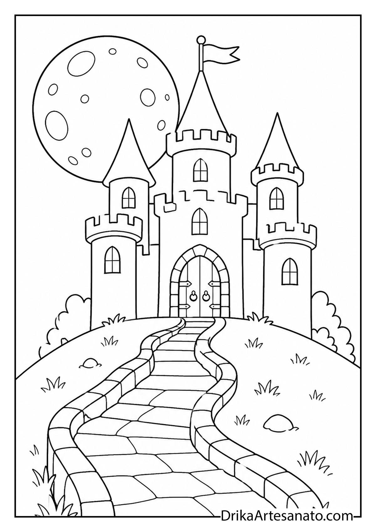 Detailed stone castle on a hill with winding stone path and full moon to color