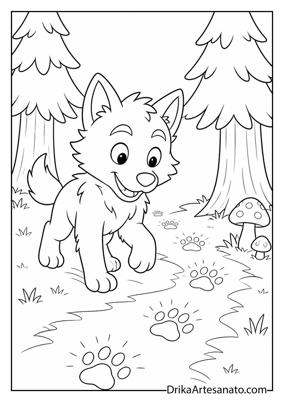 Werewolf pup following muddy paw prints through the woods to color