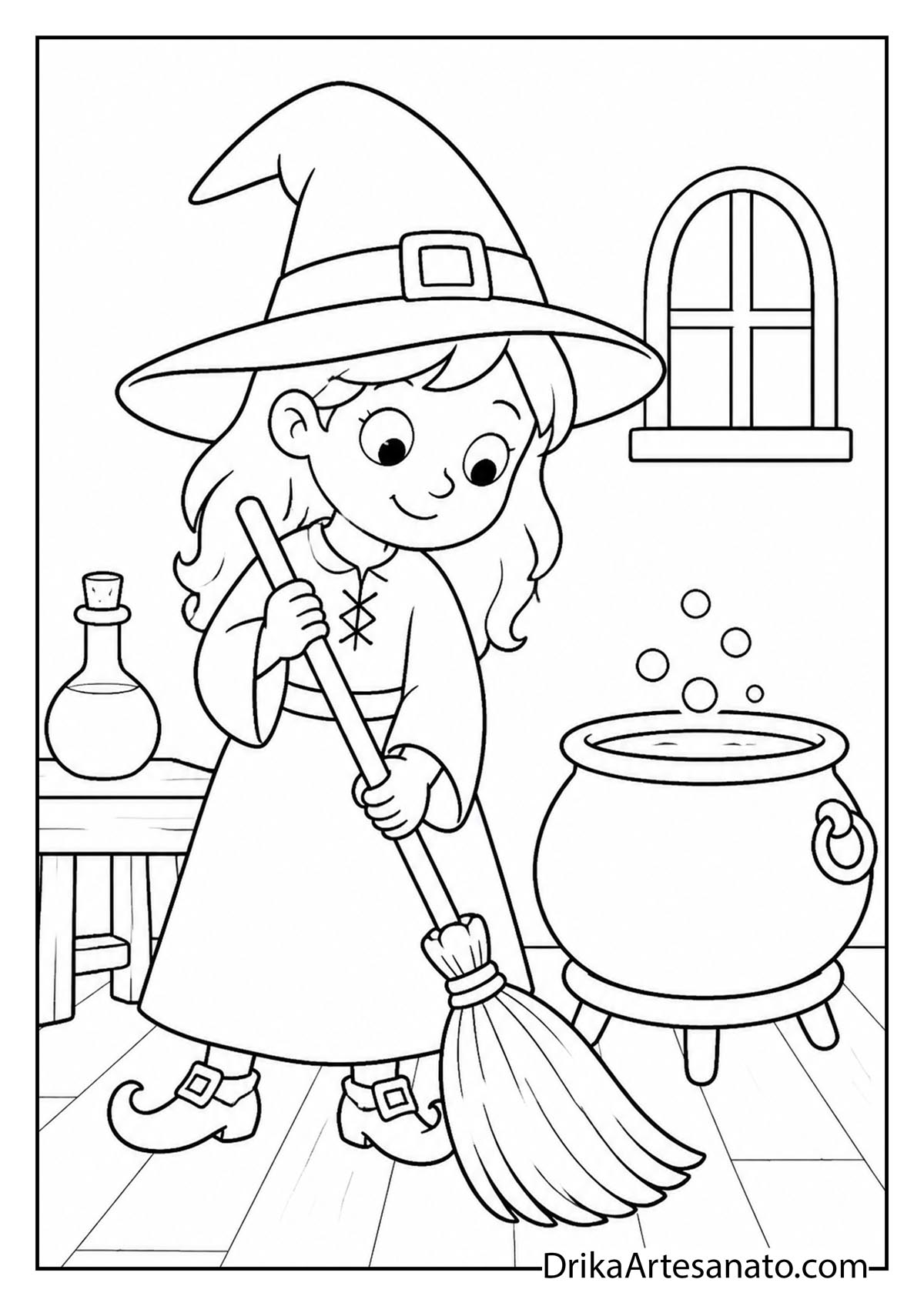 Little witch sweeping the floor with a broom near her cauldron coloring page