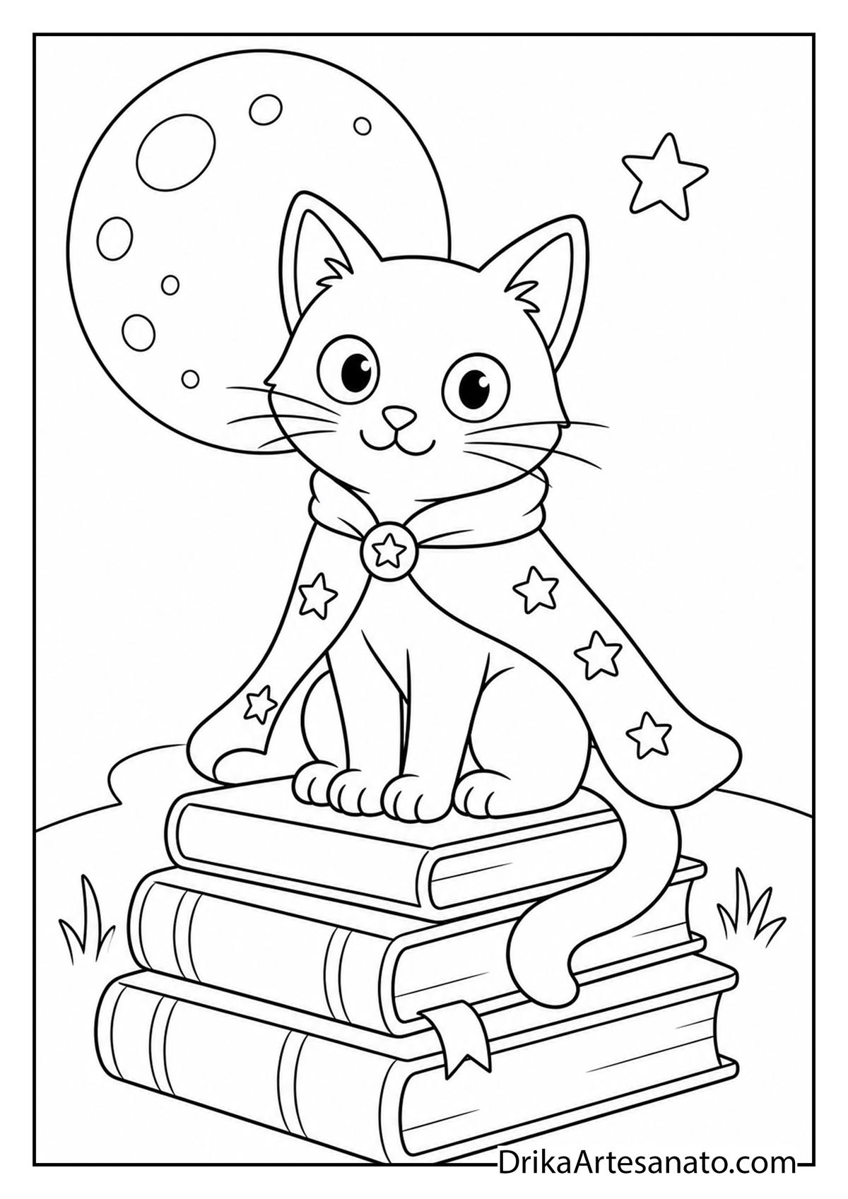 Cute cat wearing a star-patterned cape sitting on a stack of books to color
