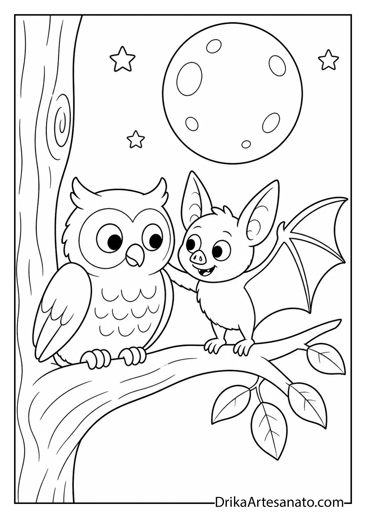 Wise owl and friendly bat perched on a tree branch coloring sheet
