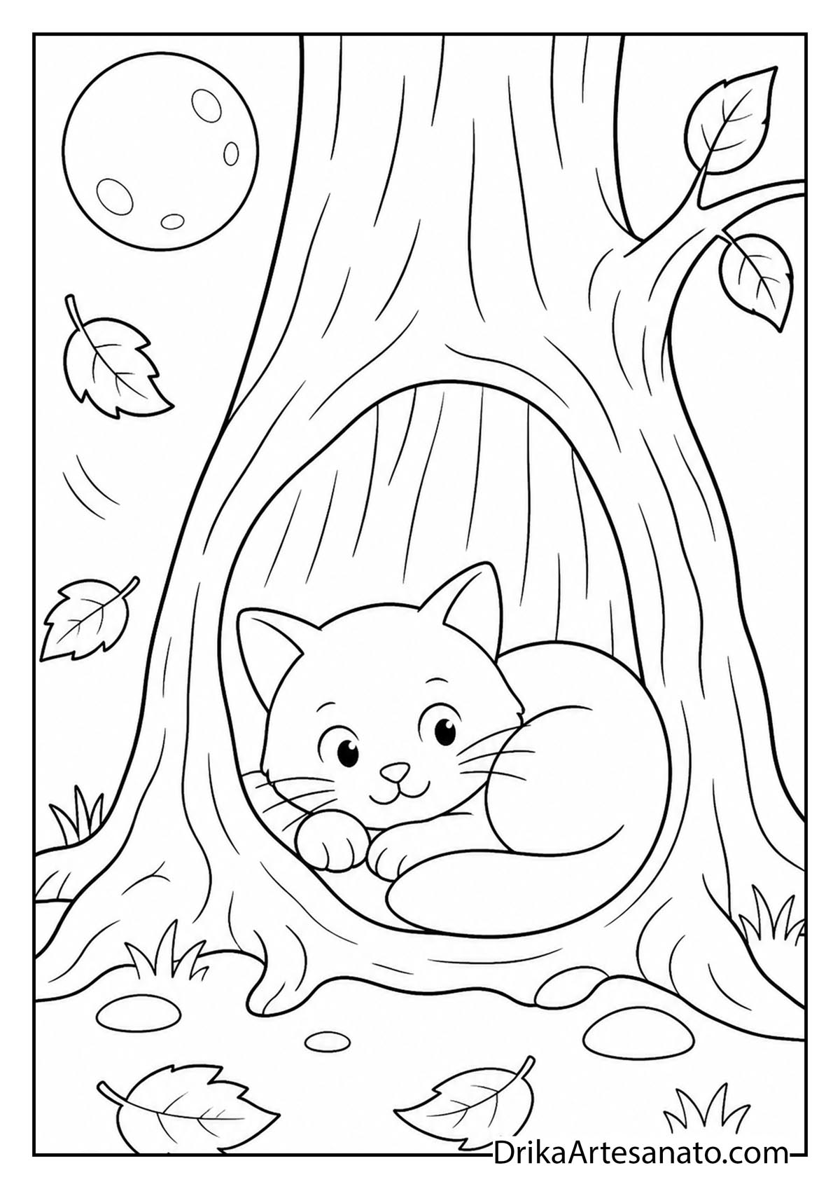Kitten curled up inside a hollow tree trunk with falling leaves coloring page for kids