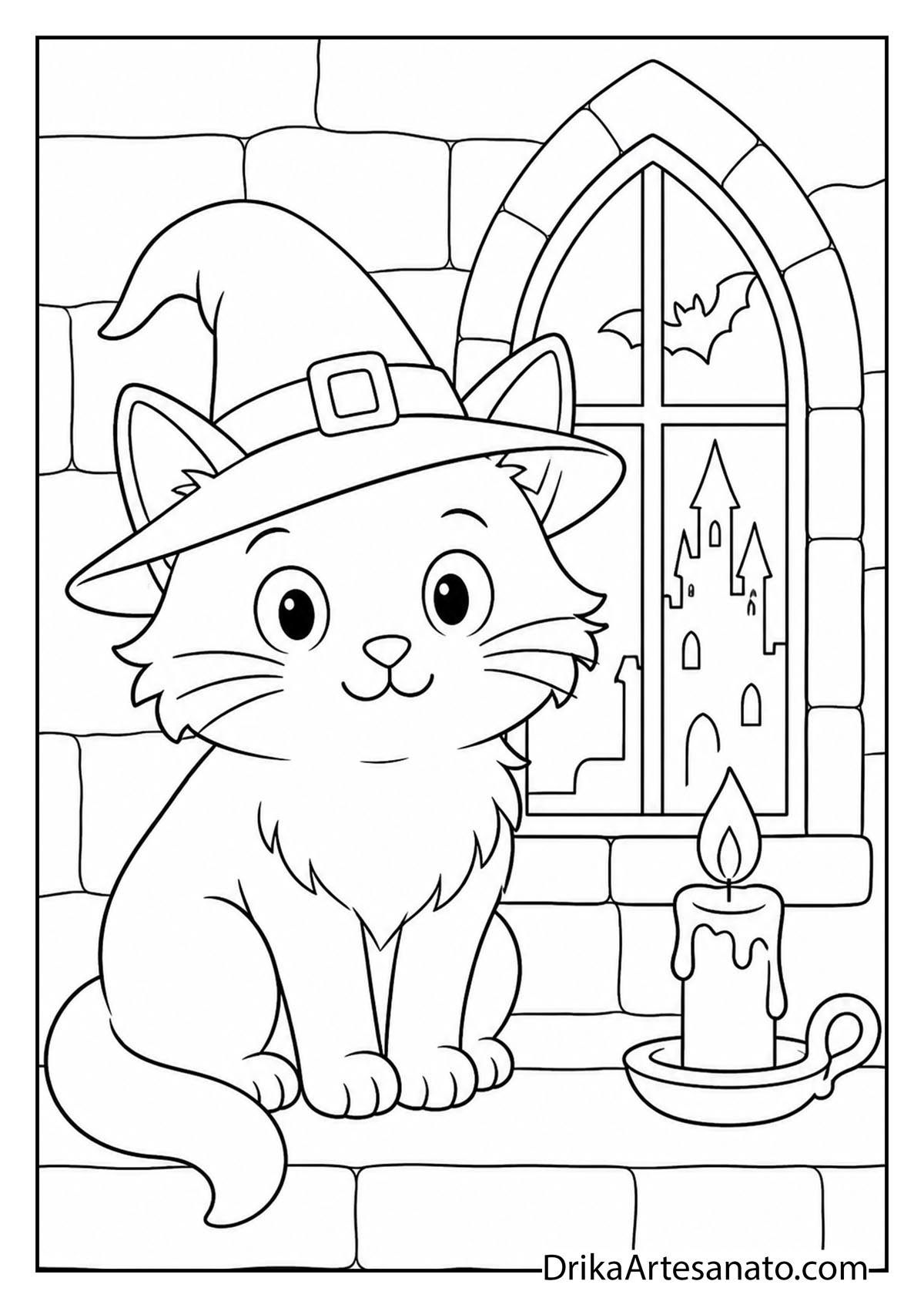 Cute cat wearing a witch hat sitting on castle windowsill with candle to color
