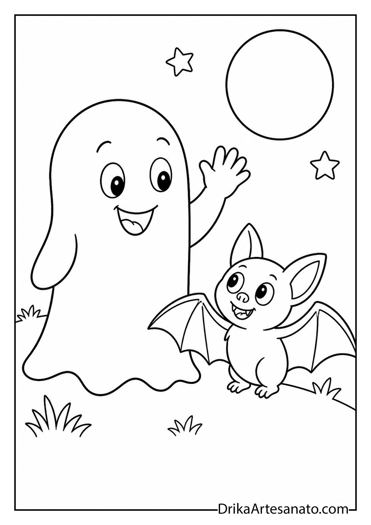 Smiling ghost waving at a cute little bat under a full night moon coloring printable