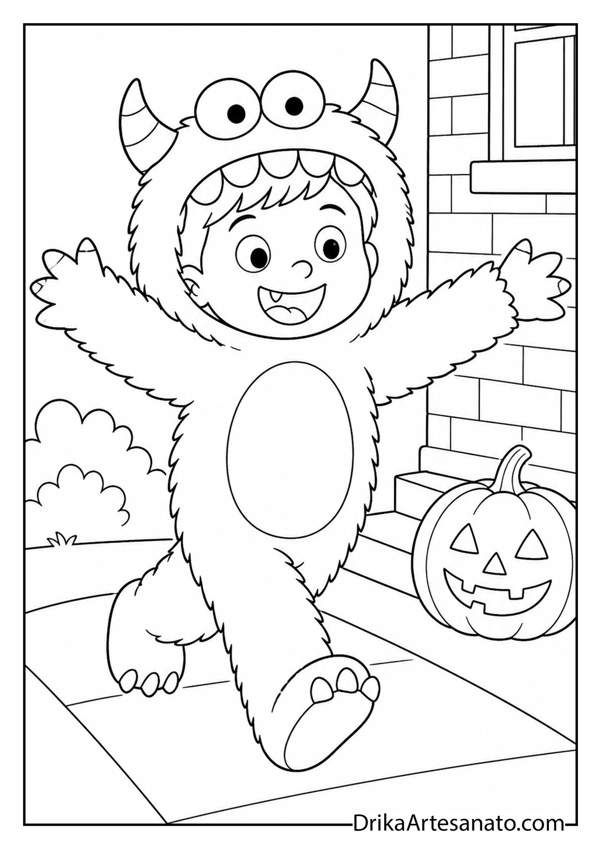 Boy dressed in fuzzy monster costume roaring near pumpkin coloring page