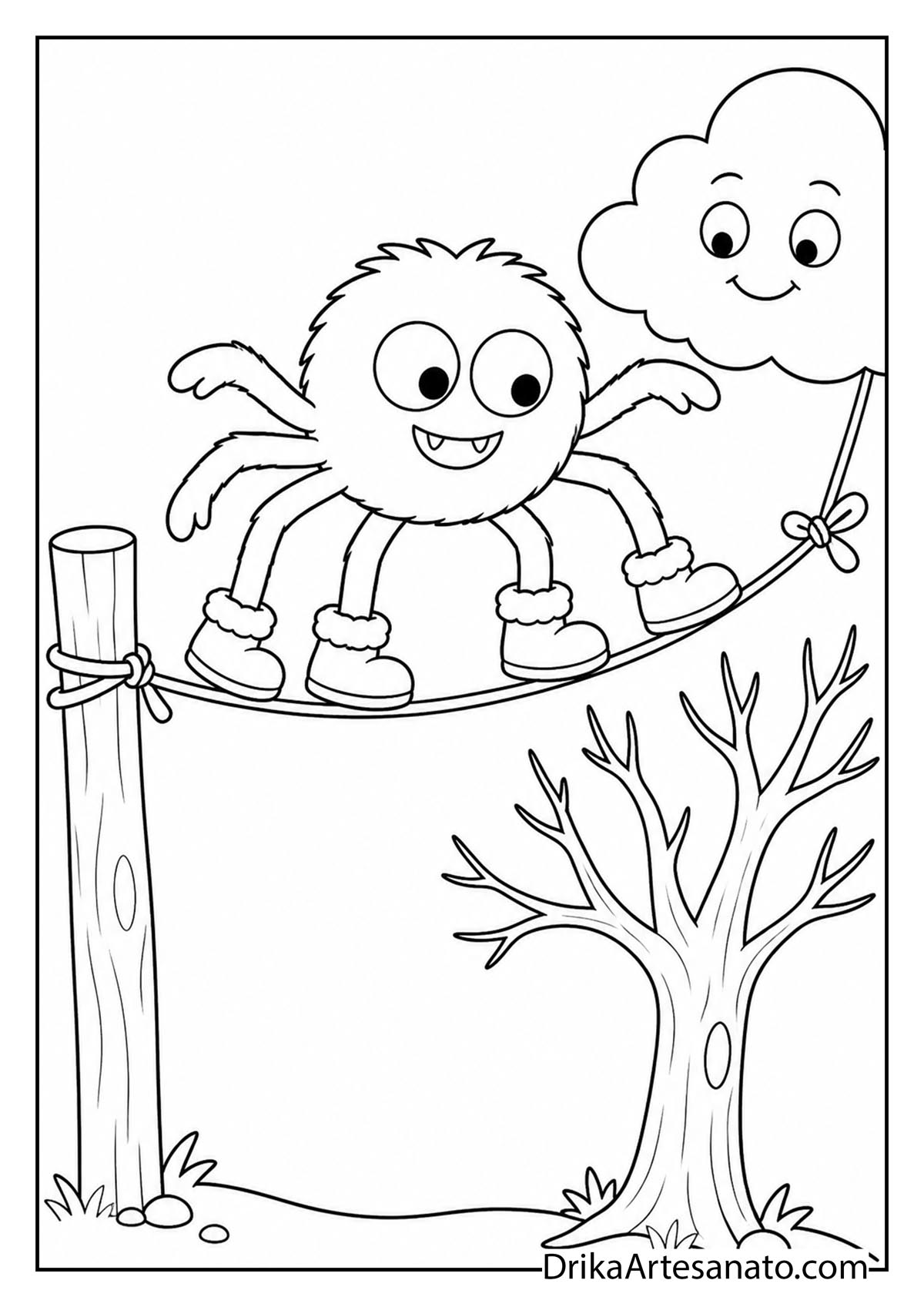Cute fluffy spider wearing boots walking on a tightrope line art coloring page