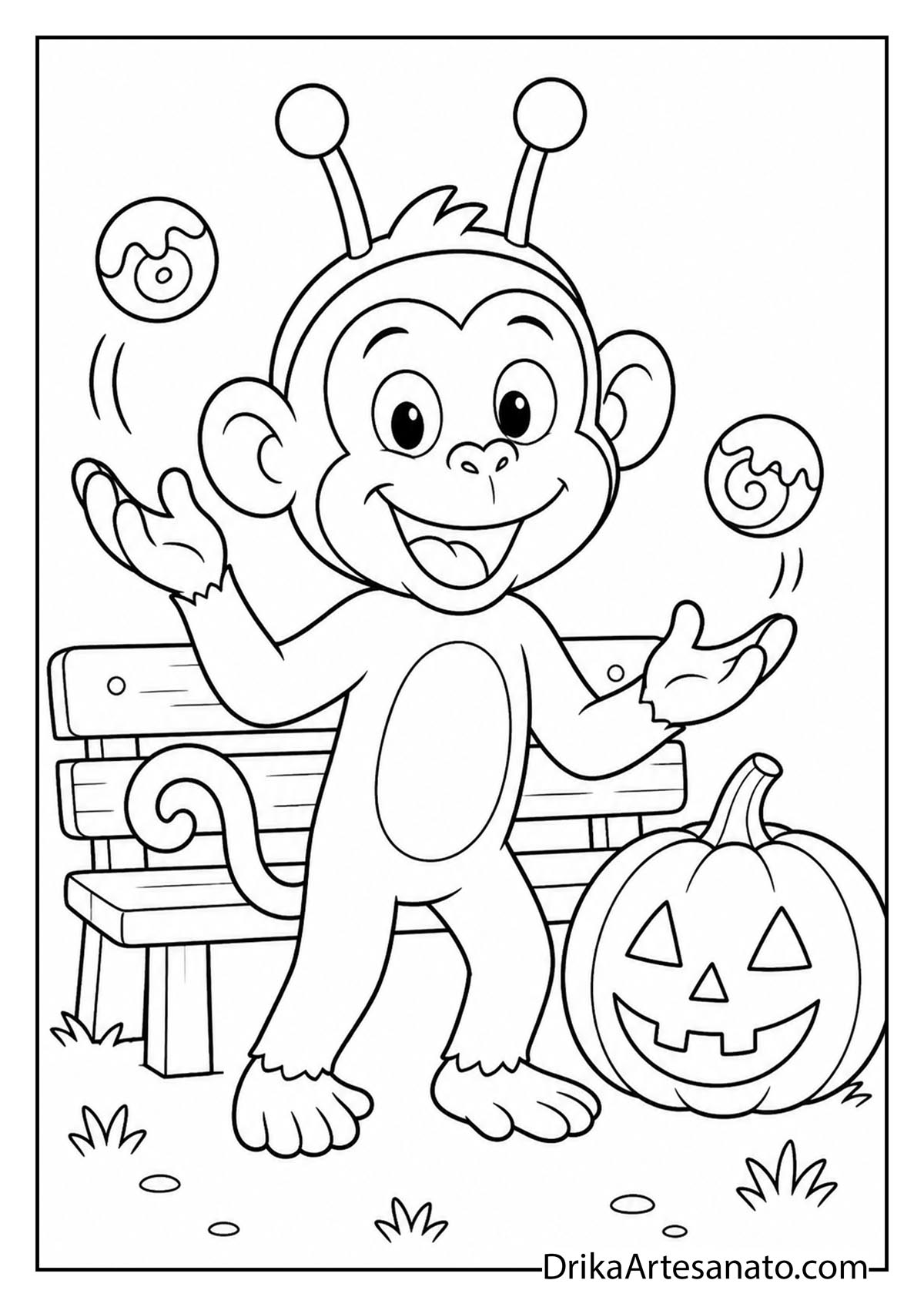 Cute monkey wearing alien antennae juggling sweet treats coloring page