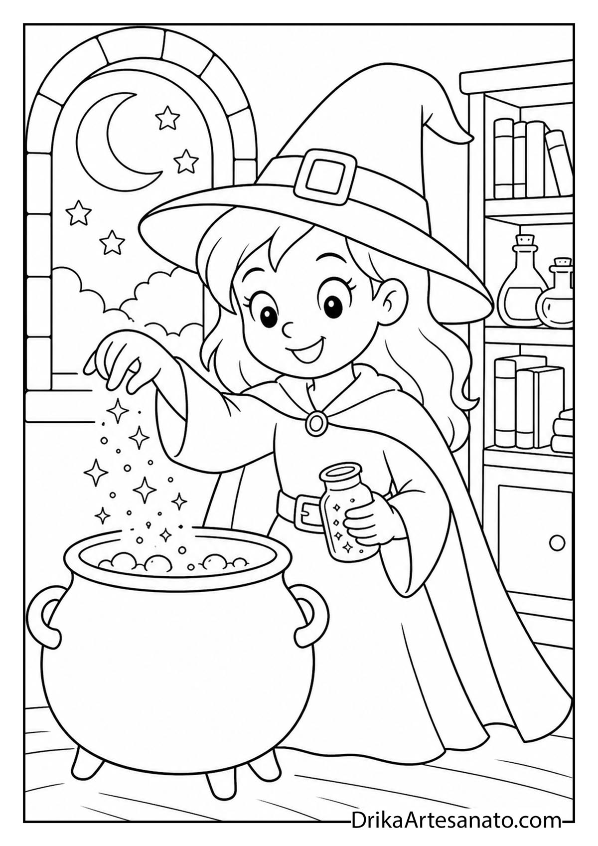Witch sprinkling star magic from a jar into a cauldron printable coloring sheet