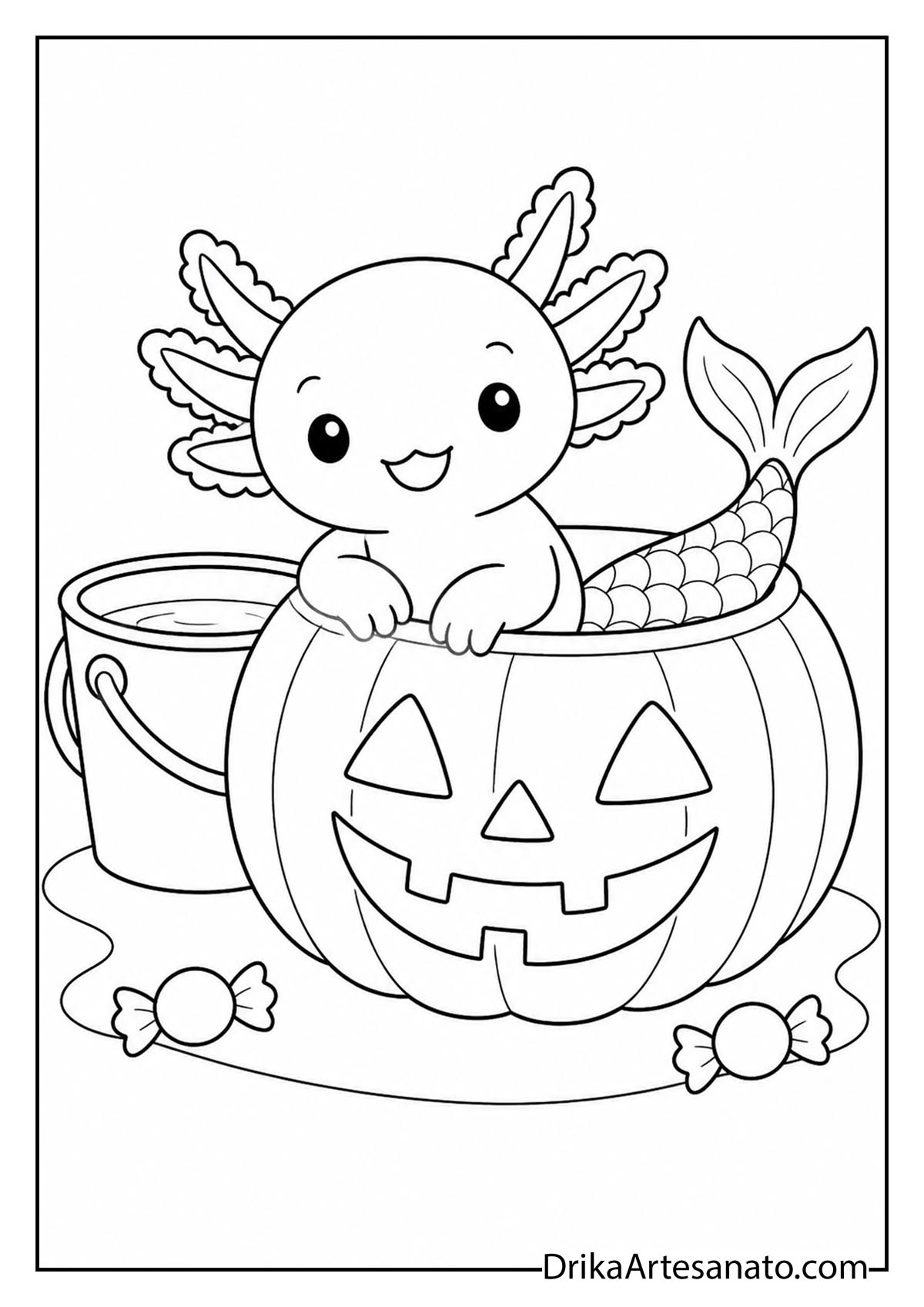 Cute axolotl in a mermaid tail sitting inside a carved pumpkin coloring sheet