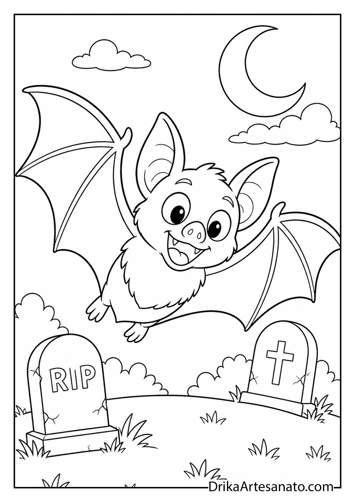 Cute bat swooping over cemetery gravestones at night coloring page
