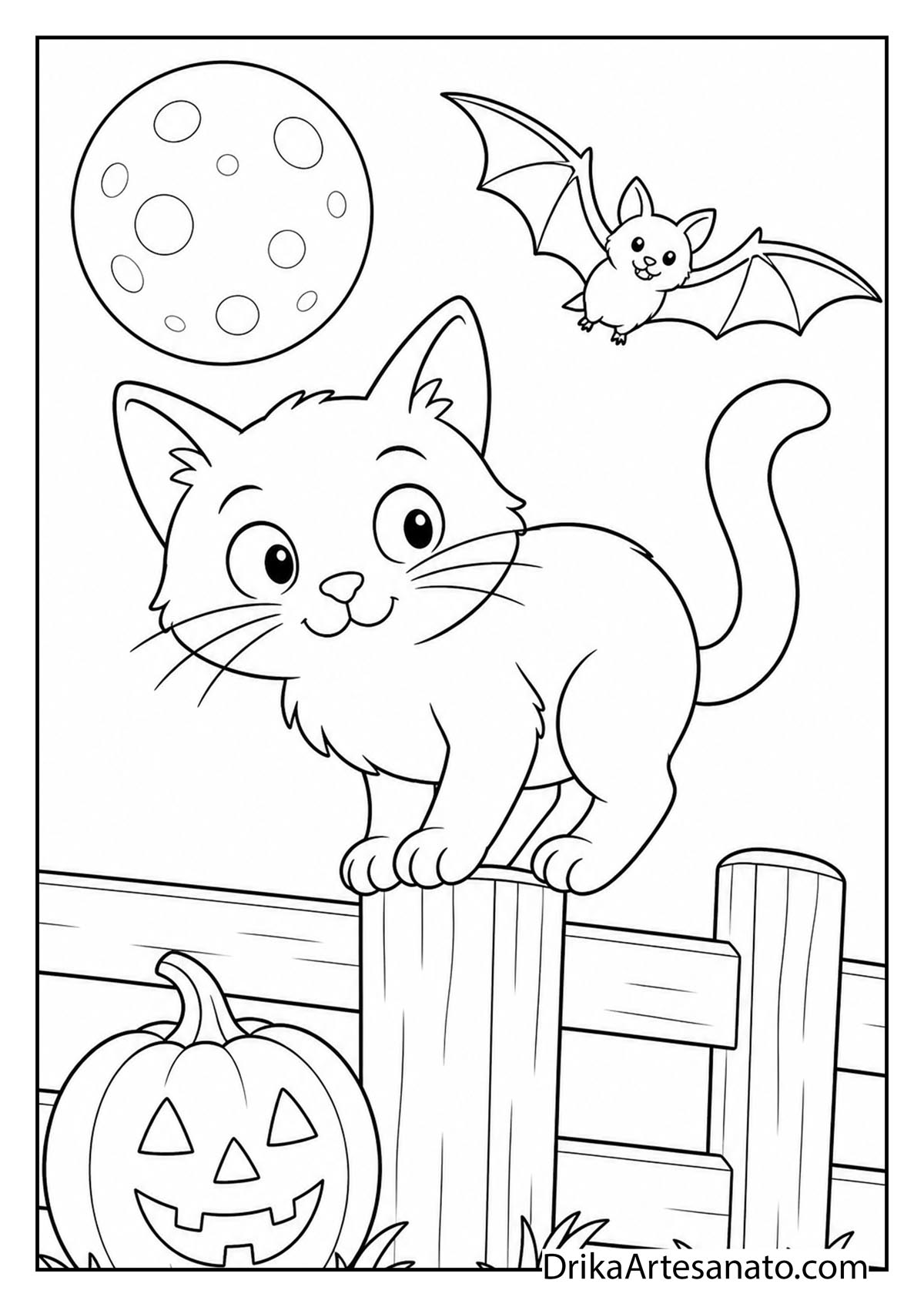 Kitten balancing on a wooden fence post with a bat and jack-o-lantern to color