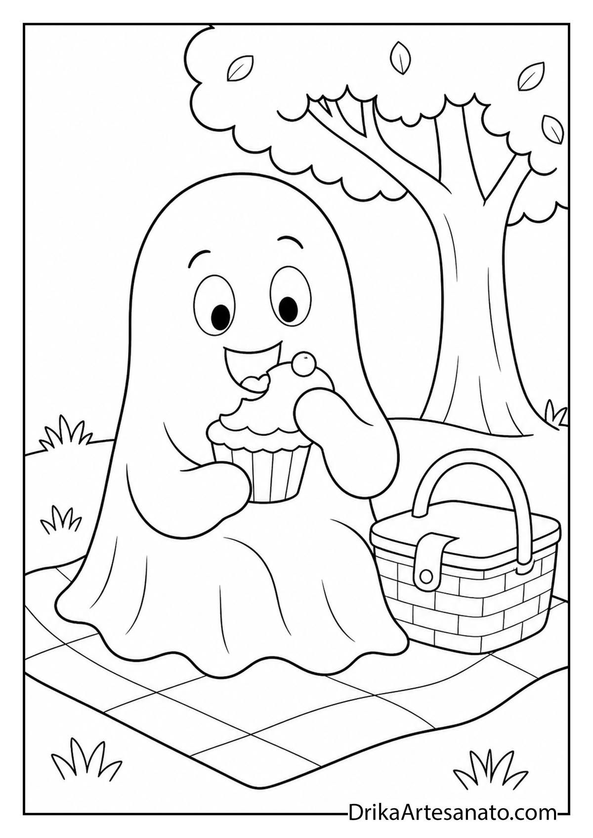 Cute ghost enjoying a picnic cupcake under a shade tree printable coloring sheet