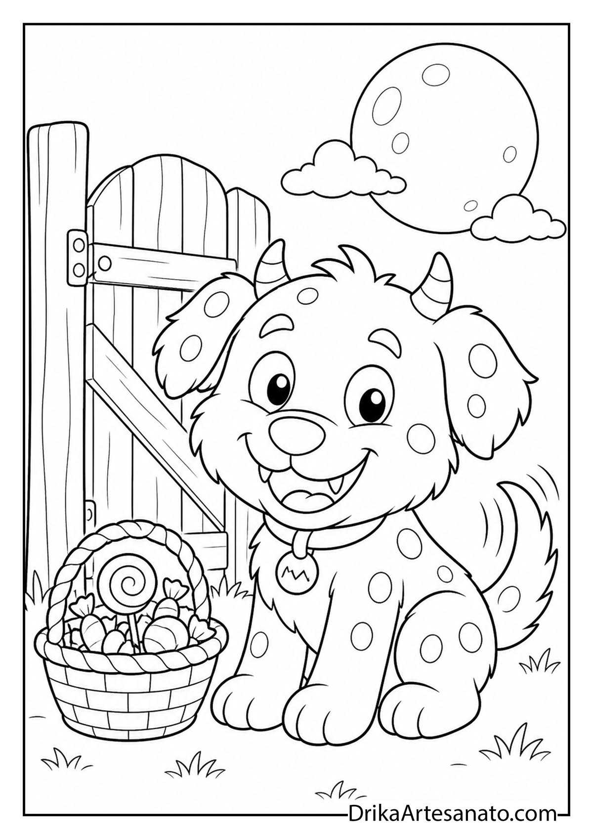 Cute spotted monster puppy sitting by a basket of candy line art coloring sheet